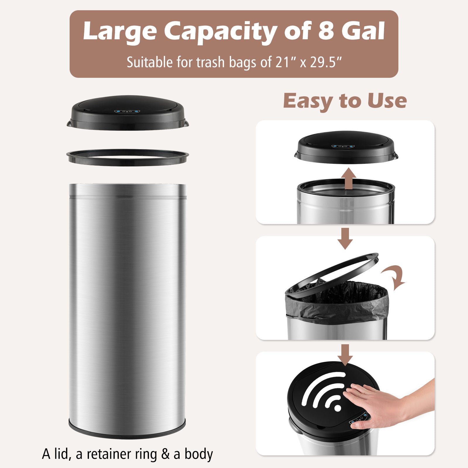 SUGIFT 8 Gal Automatic Trash Can with Stainless Steel Frame Touchless Waste Bin