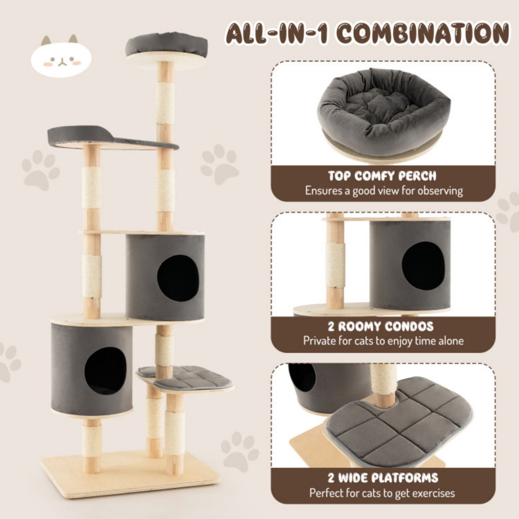 SUGIFT 6-Tier Wooden Cat Tree with 2 Removeable Condos Platforms and Perch