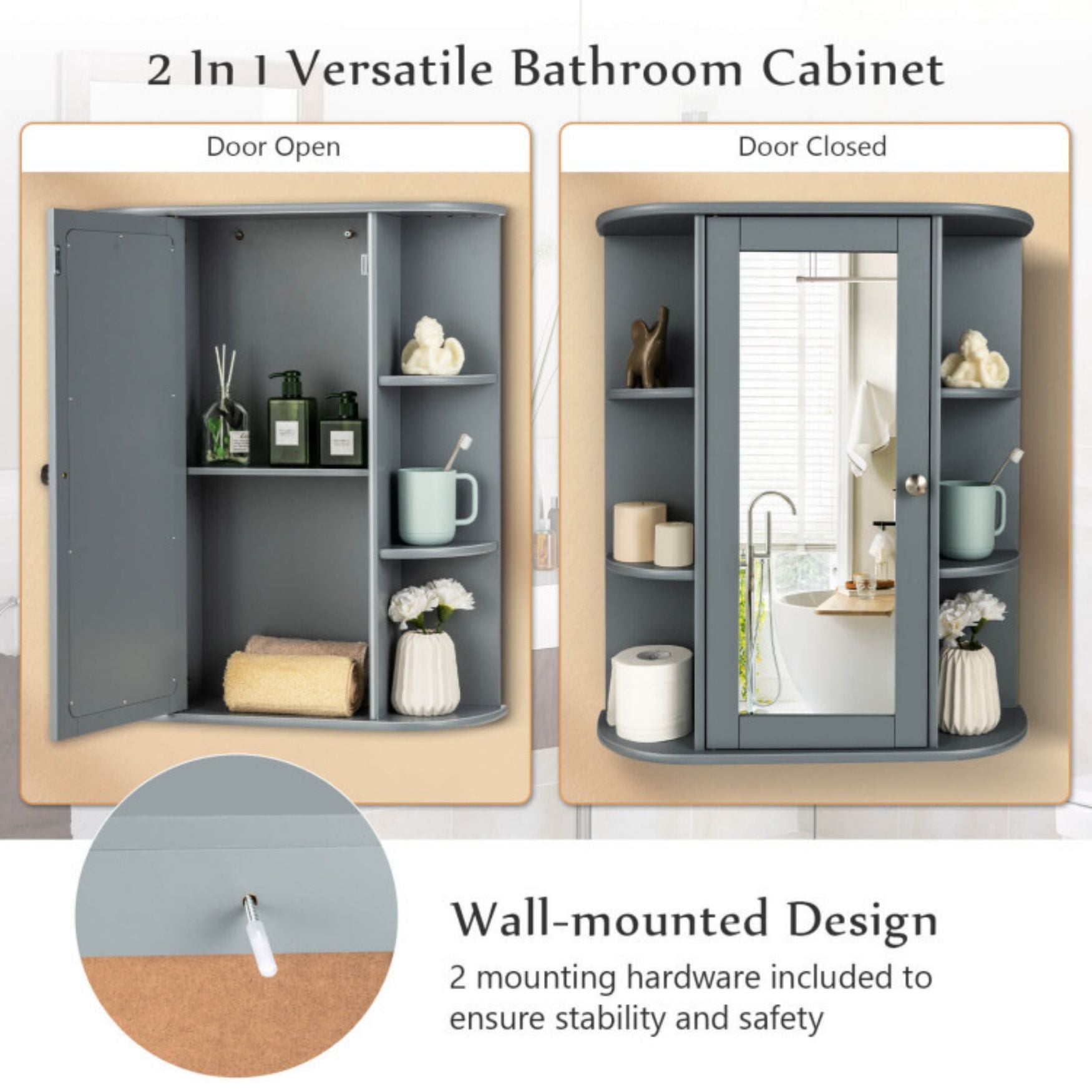 SUGIFT Grey Bathroom Single Door Shelves Wall Mount Cabinet with Mirror