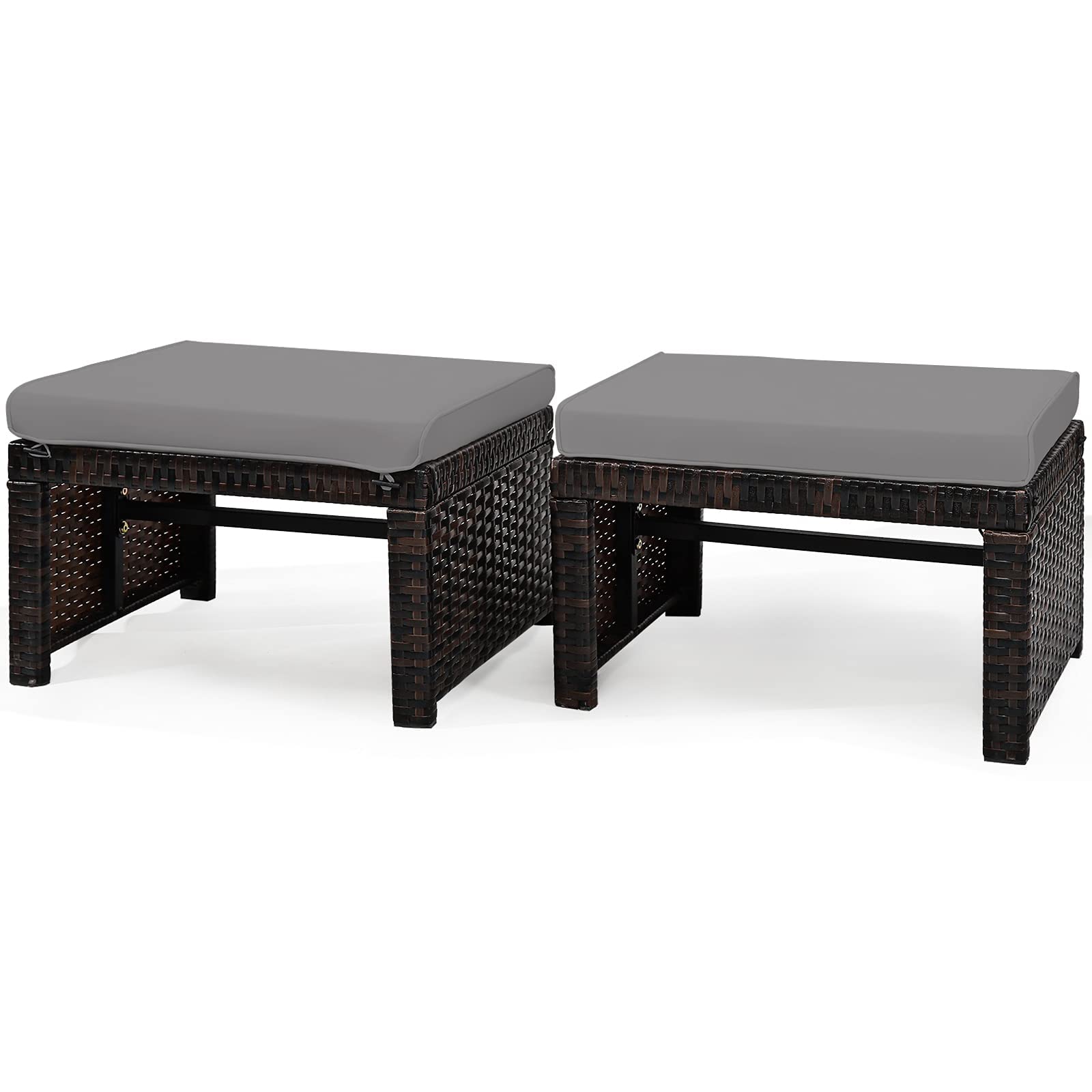 2 Pieces Patio Rattan Ottomans with Soft Cushion for Patio and Garden