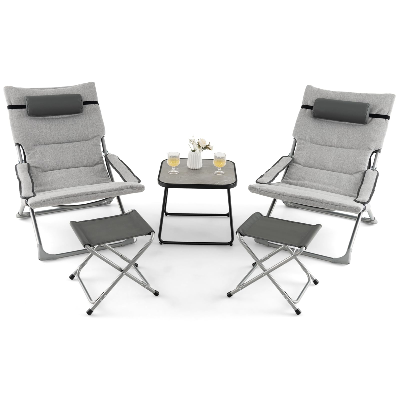 SUGIFT 5-Piece Patio Sling Chair Set Folding Lounge Chairs with Footrests and Coffee Table