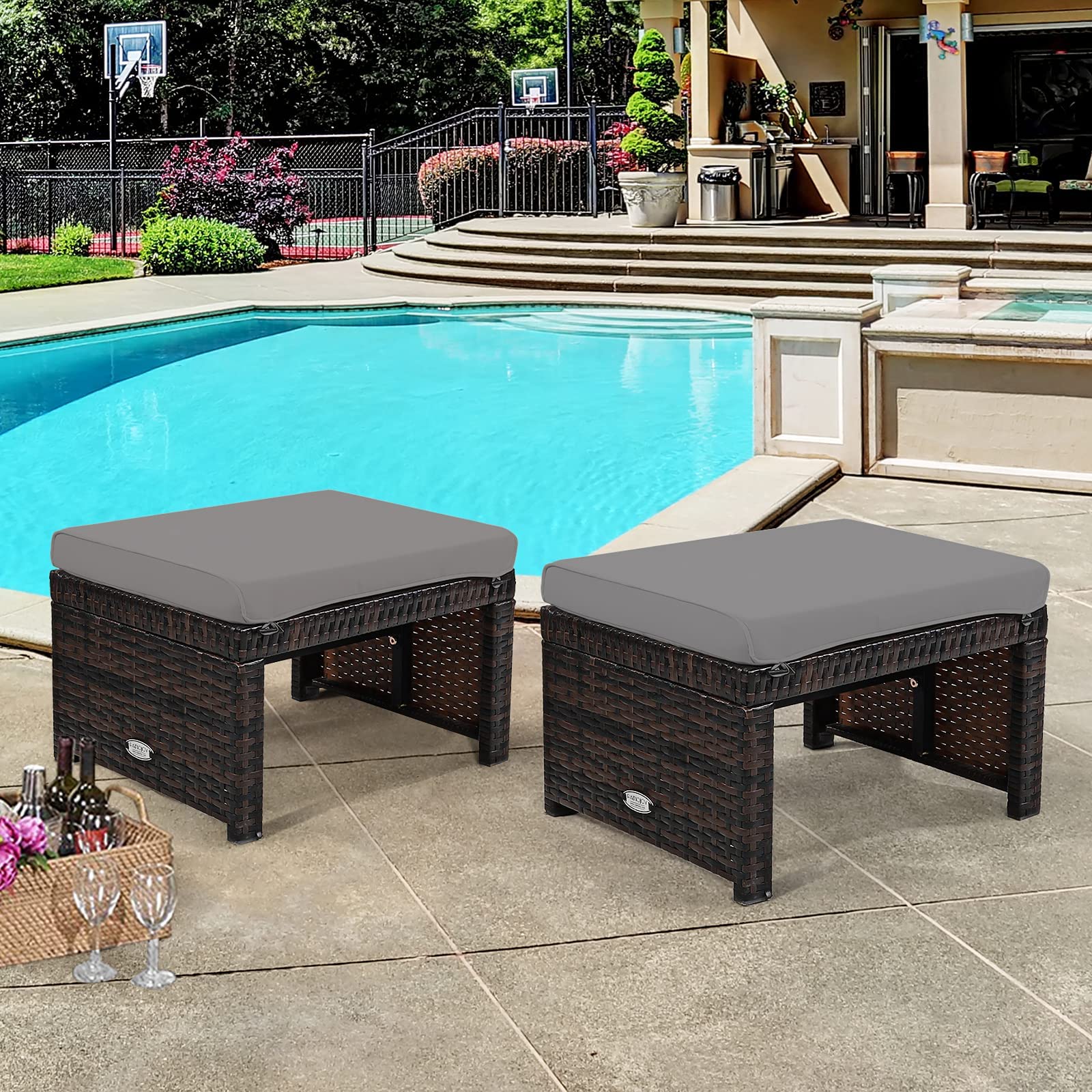2 Pieces Patio Rattan Ottomans with Soft Cushion for Patio and Garden