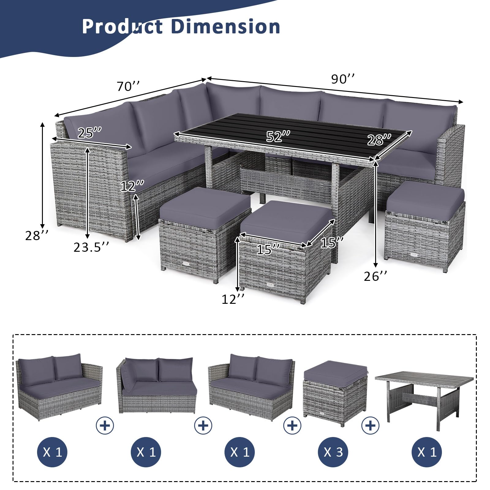 SUGIFT 7 Pieces Outdoor Wicker Sectional Sofa Set with Dining Table