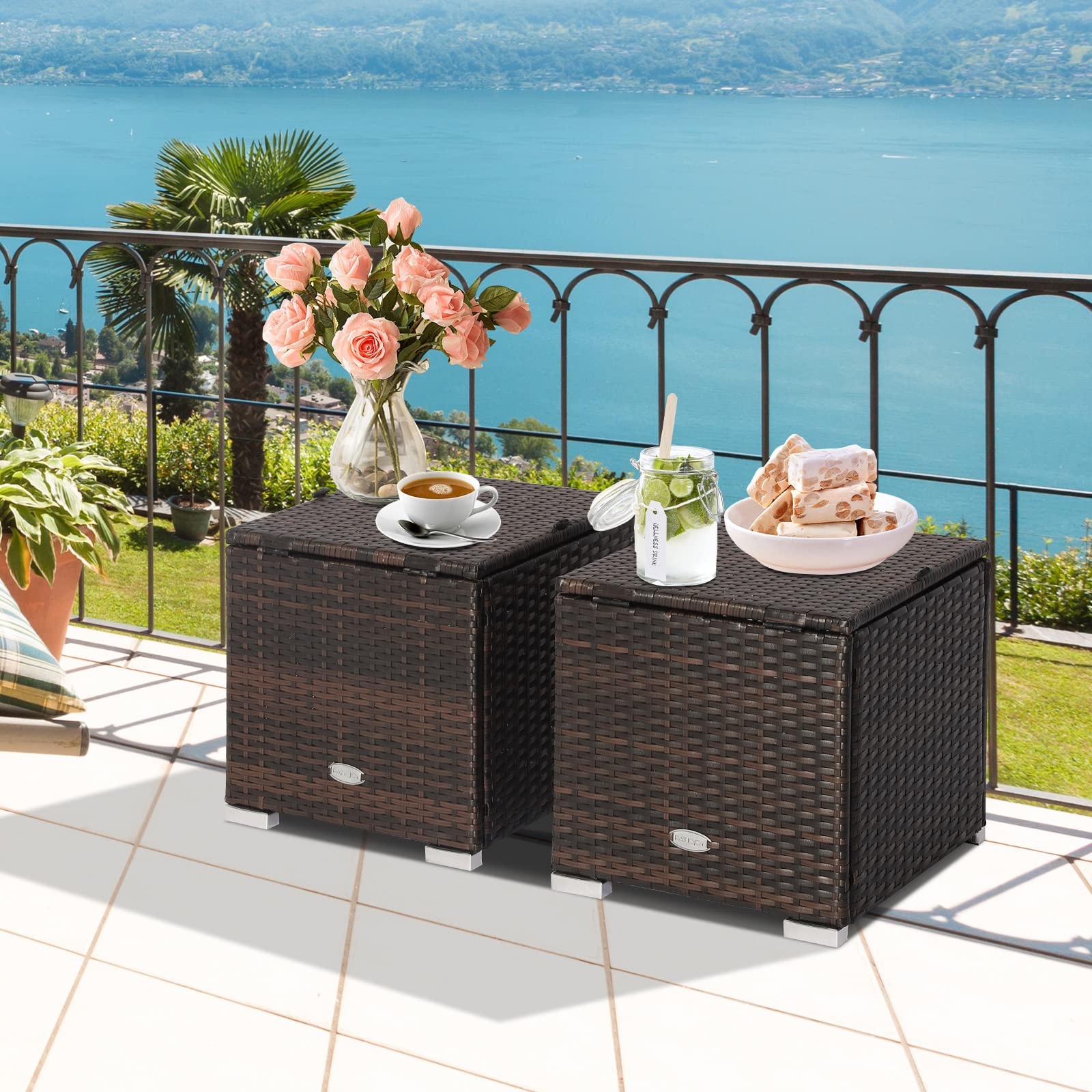 2 Pieces Patio Ottoman with Hidden Storage Space