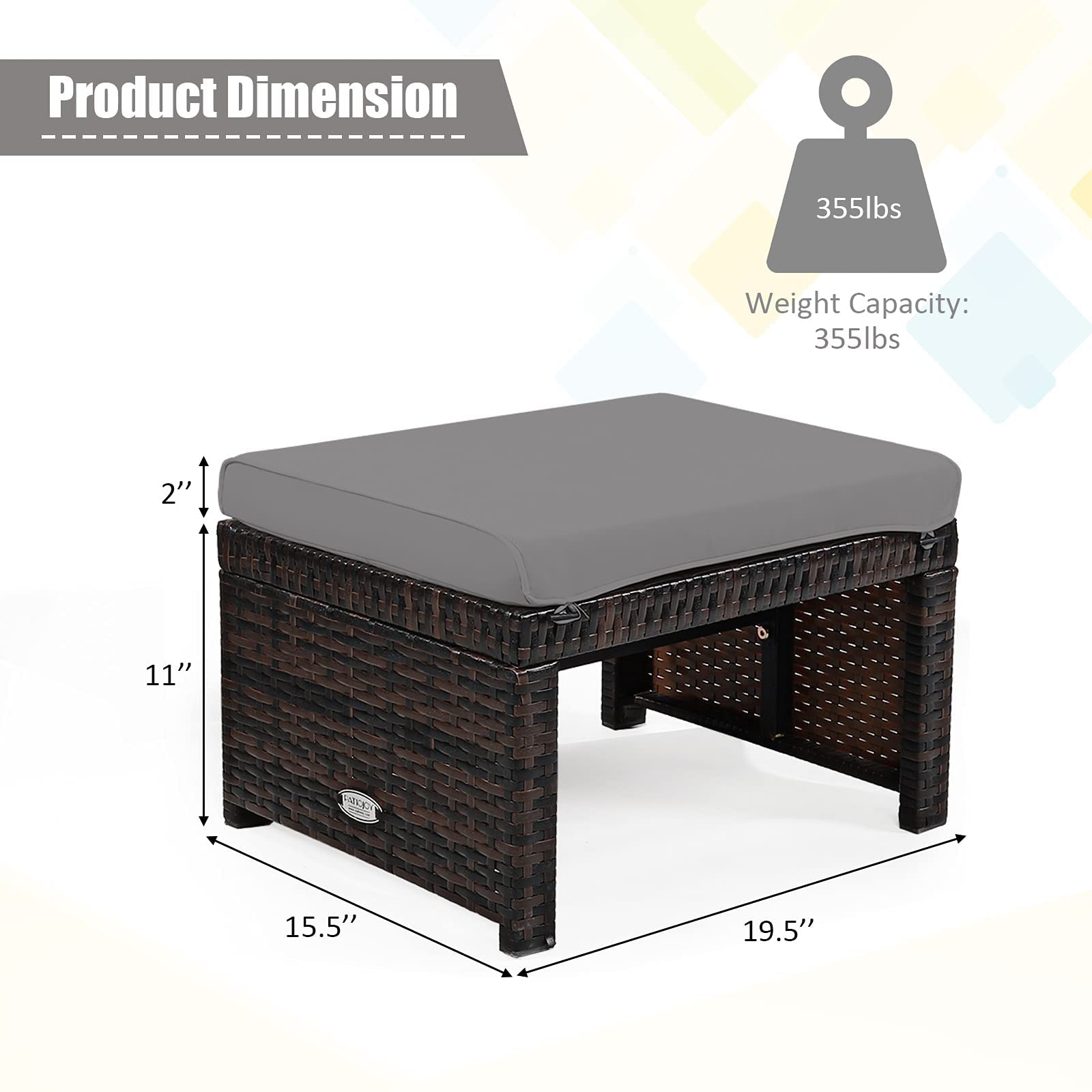 2 Pieces Patio Rattan Ottomans with Soft Cushion for Patio and Garden