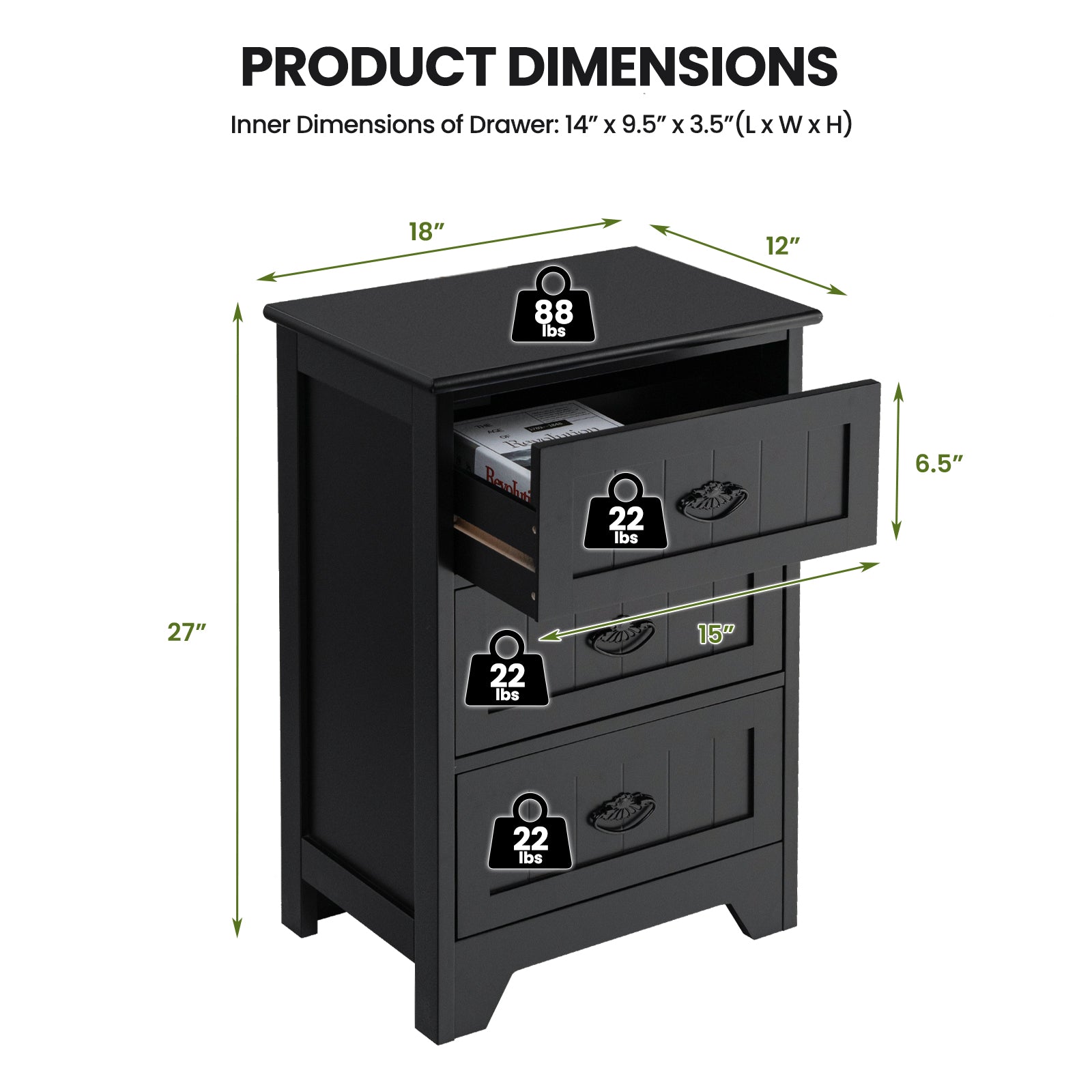 3-Drawer End Storage Wood Side Nightstand