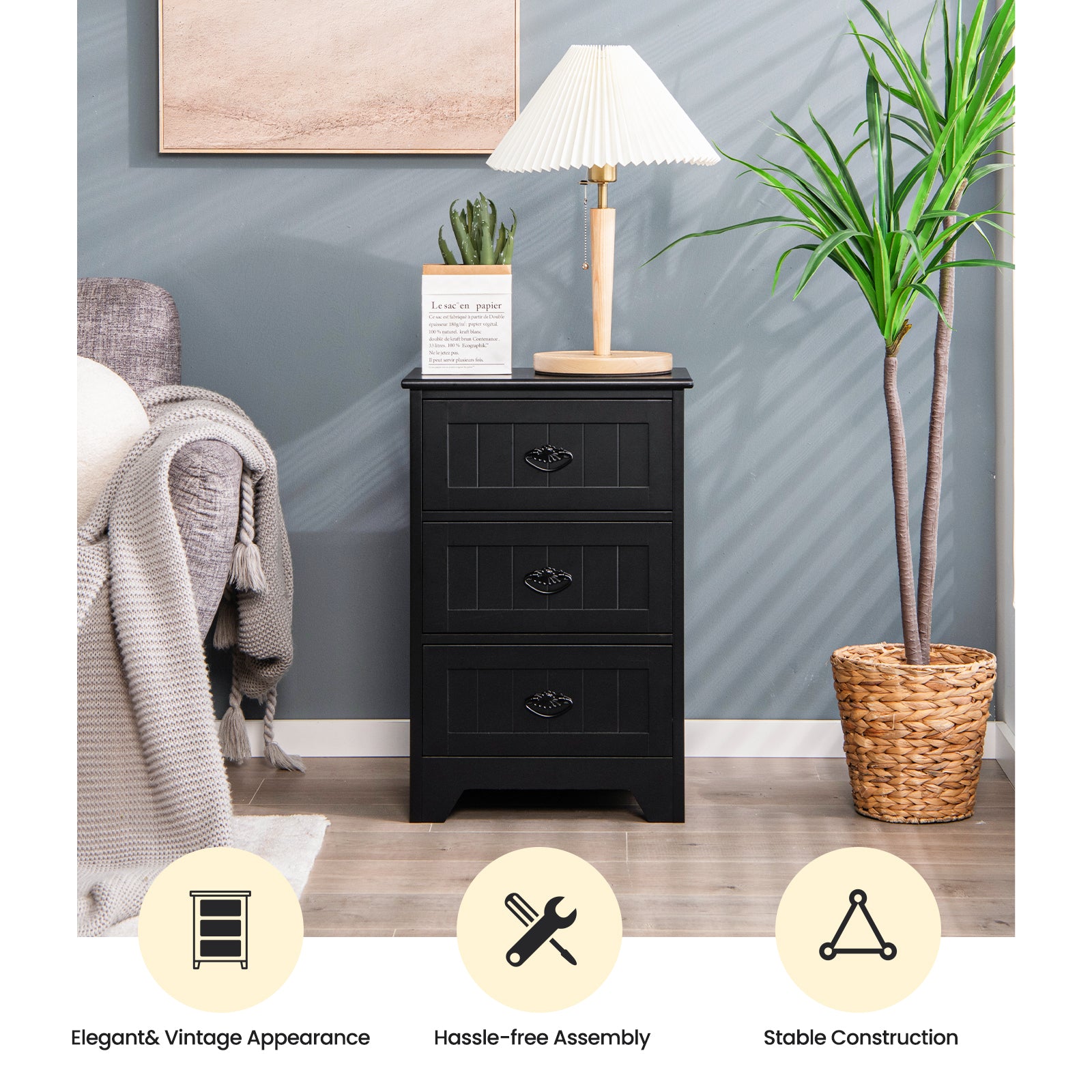 3-Drawer End Storage Wood Side Nightstand