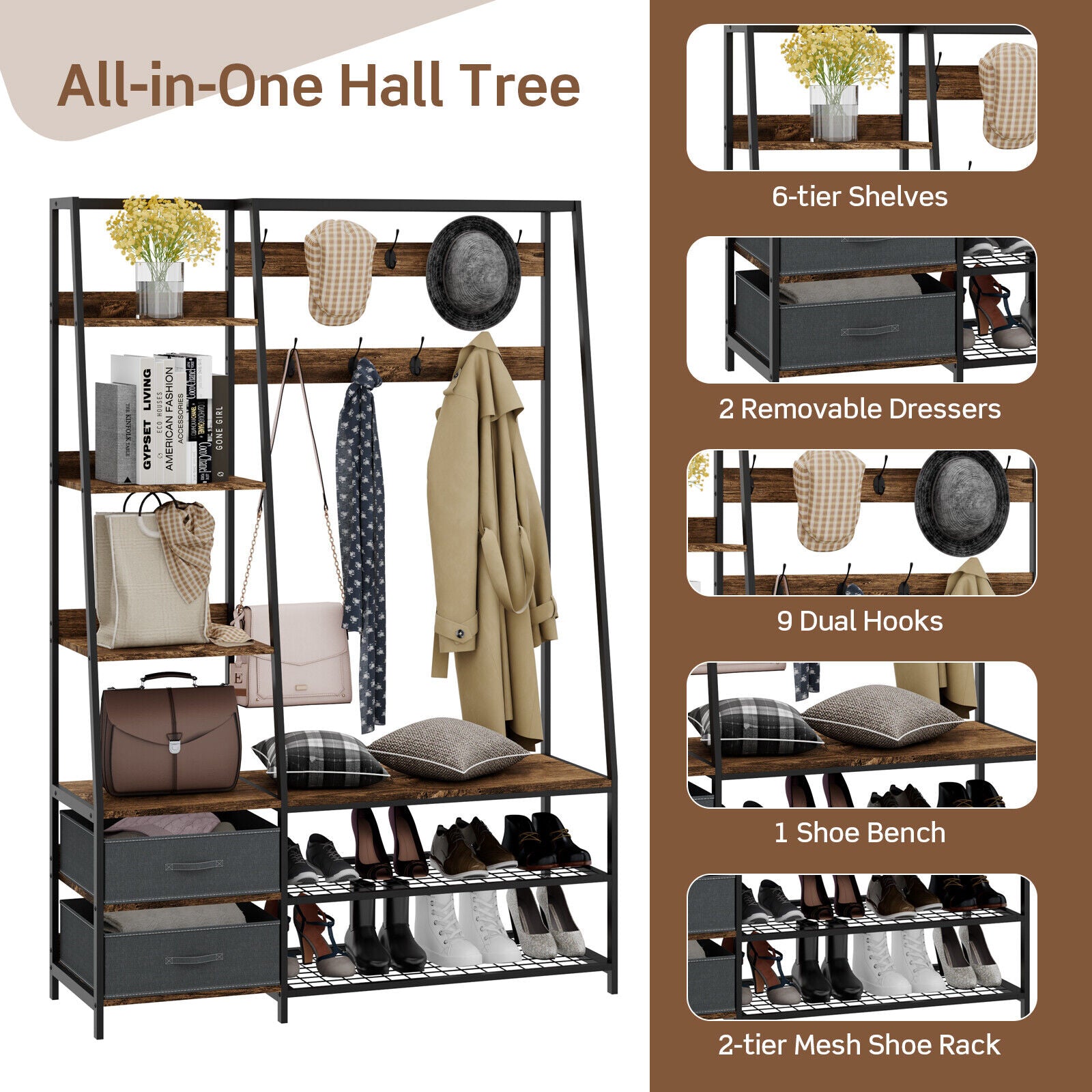 SUGIFT 6-in-1 Freestanding Hall Tree Coat Rack with Bench and Fabric Dressers