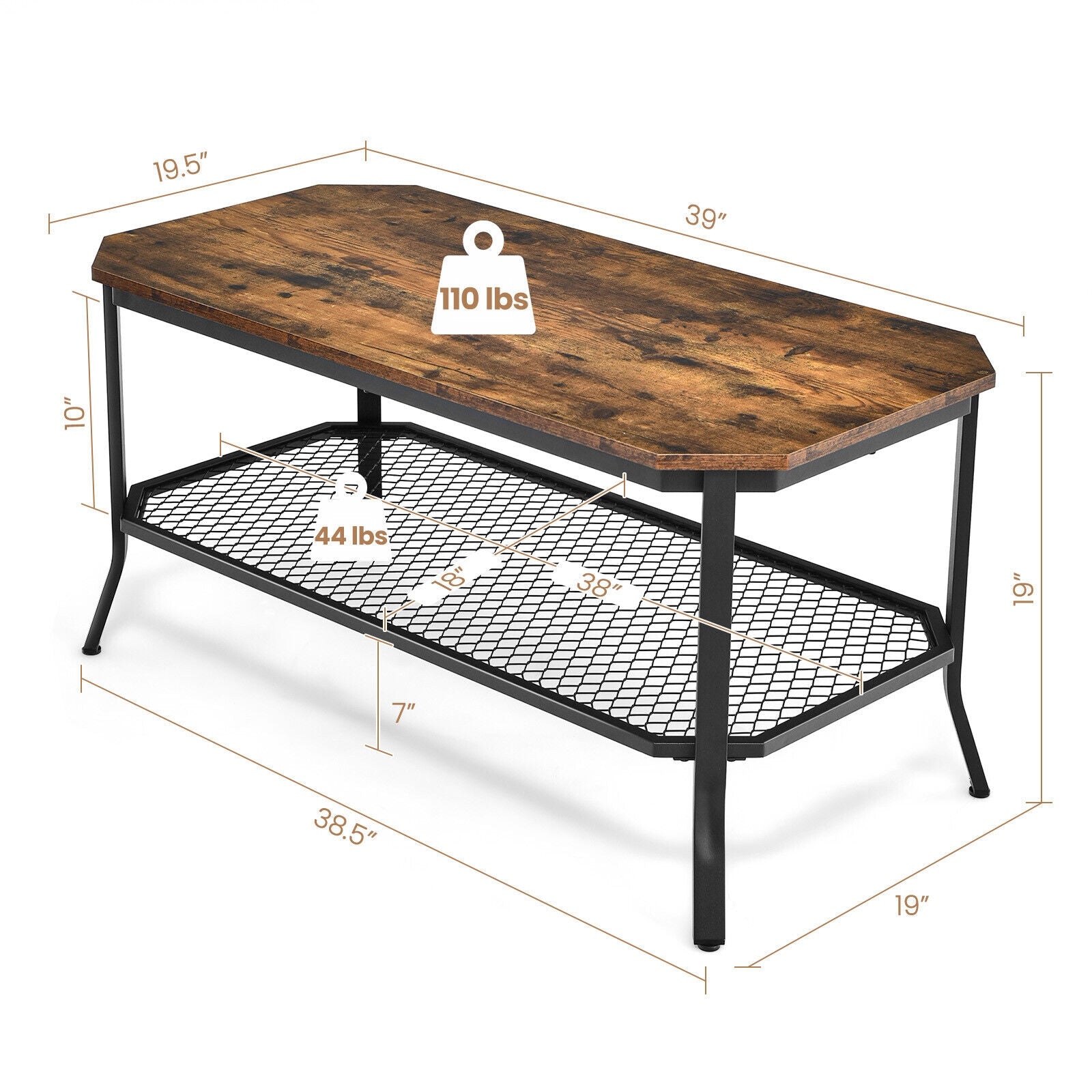 2-Tier Industrial Coffee Table with Open Mesh Storage Shelf for Living & Office Room