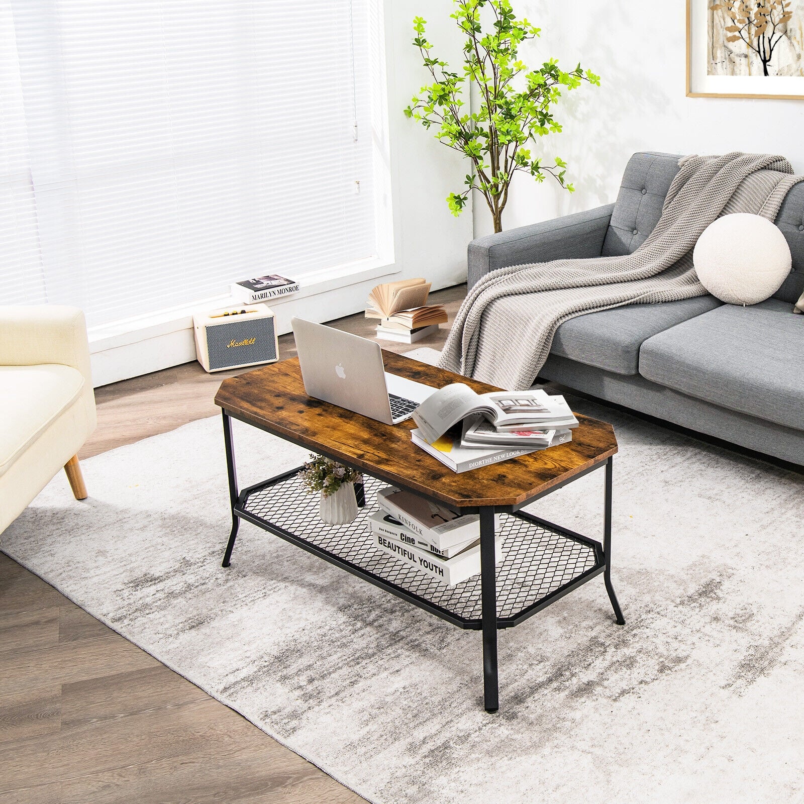 2-Tier Industrial Coffee Table with Open Mesh Storage Shelf for Living & Office Room