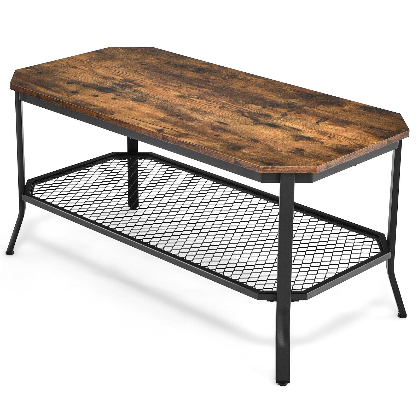 2-Tier Industrial Coffee Table with Open Mesh Storage Shelf for Living & Office Room
