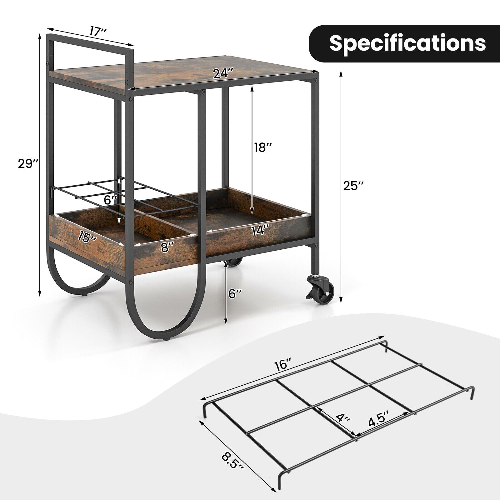 SUGIFT Rolling Buffet Serving Cart with Removable Metal Wire Wine Rack