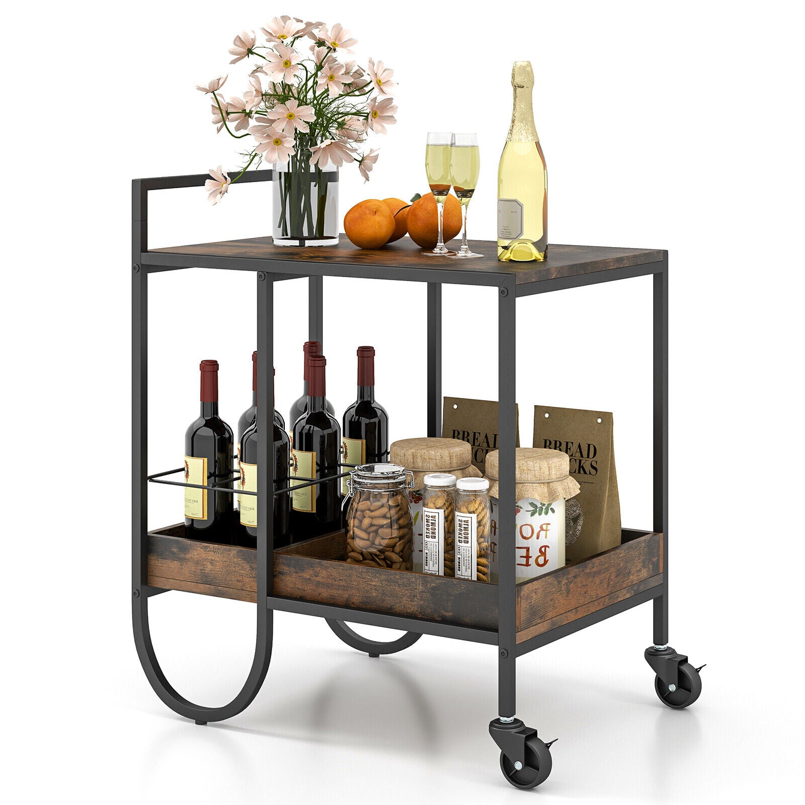 SUGIFT Rolling Buffet Serving Cart with Removable Metal Wire Wine Rack
