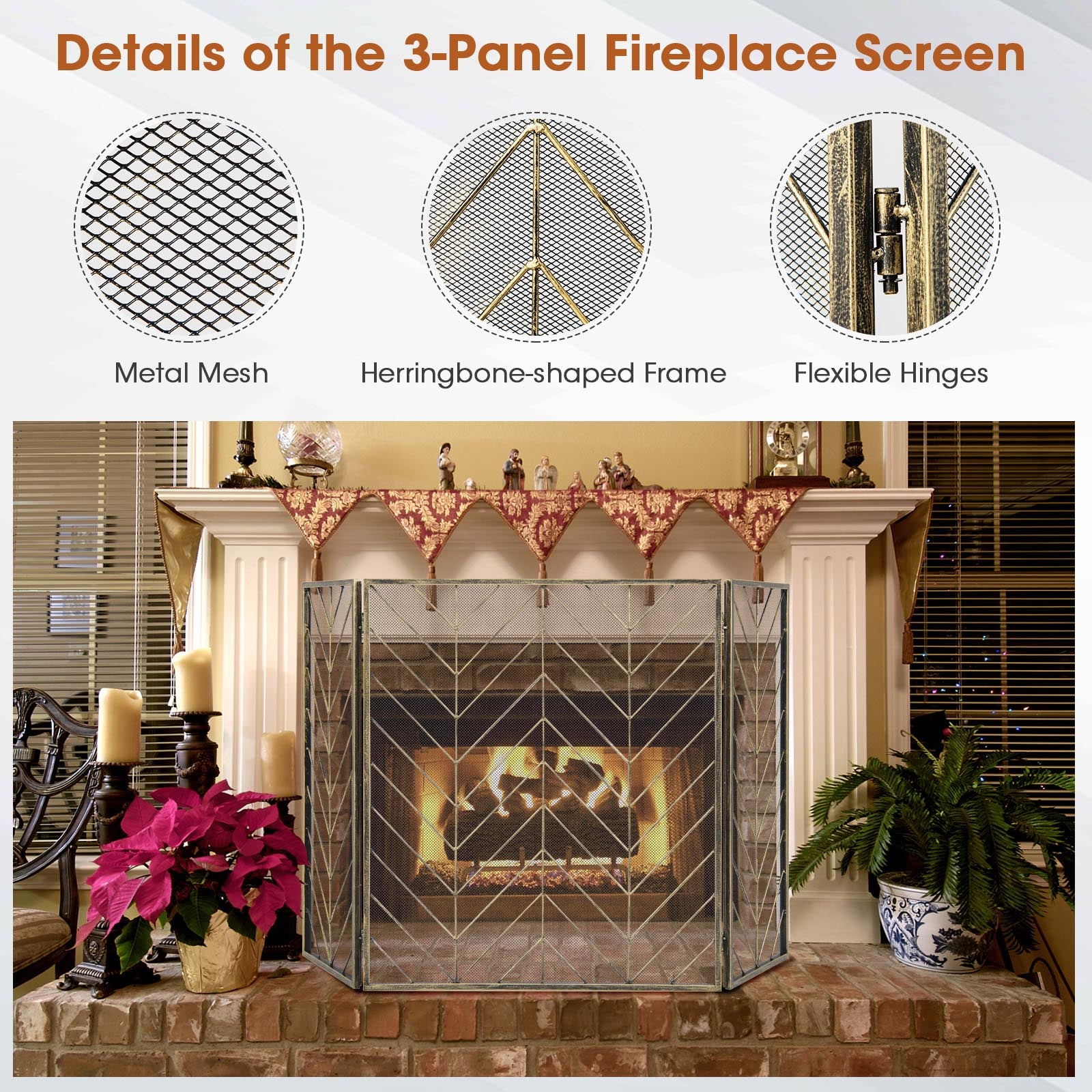 SUGIFT 3-Panel Metal Foldable Fireplace Screen with Metal Mesh