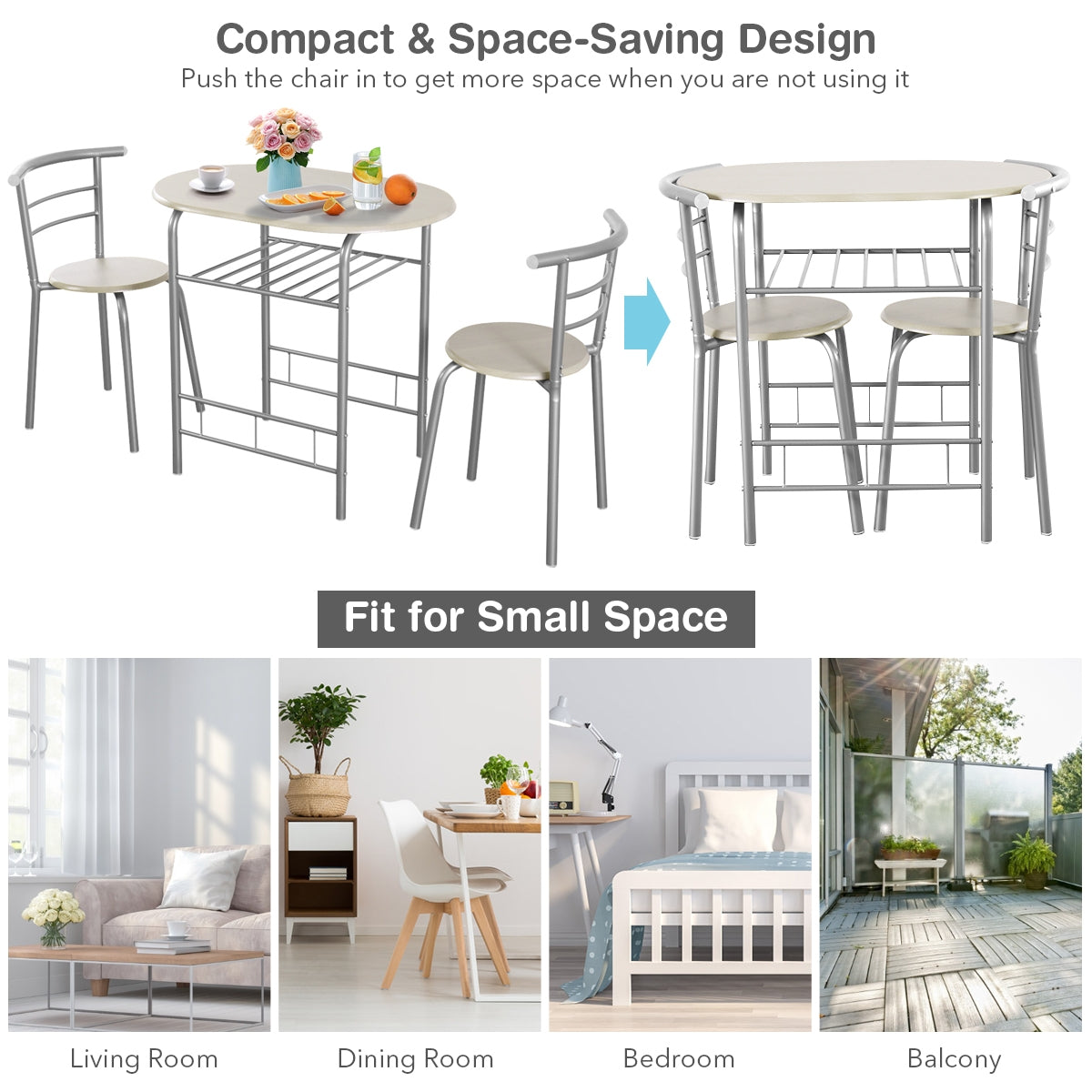 SUGIFT 3-Piece Space-Saving Bistro Set for Kitchen and Apartment