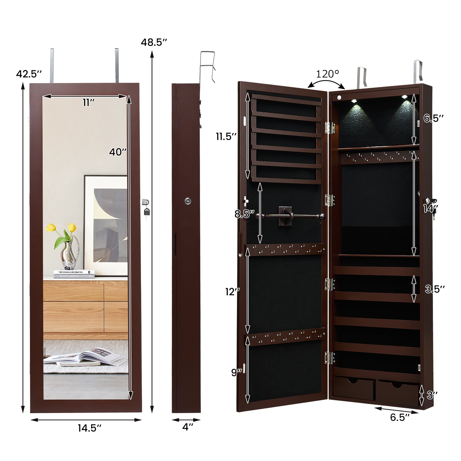 SUGIFT Lockable Wall Mount Mirrored Jewelry Cabinet with LED Lights