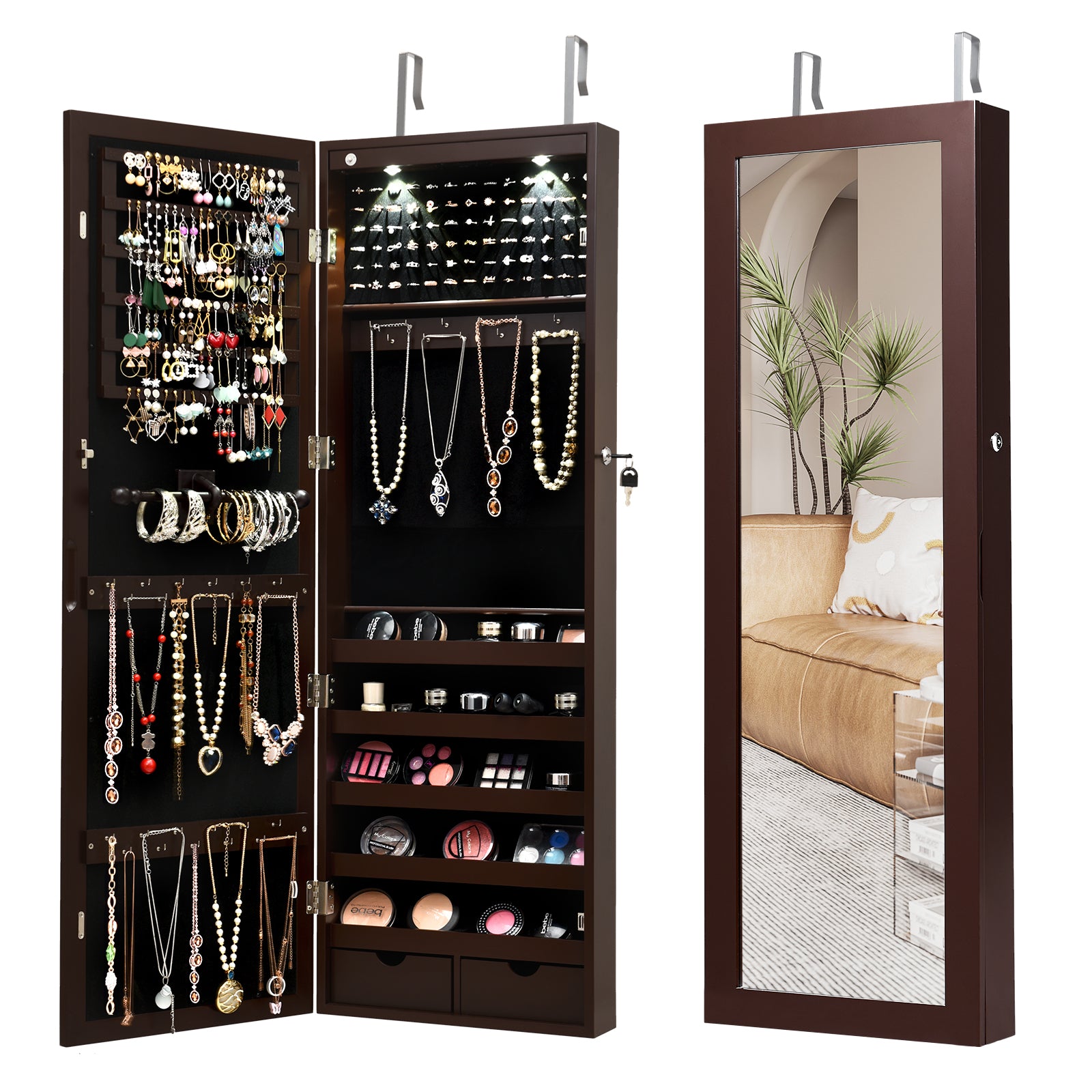 SUGIFT Lockable Wall Mount Mirrored Jewelry Cabinet with LED Lights