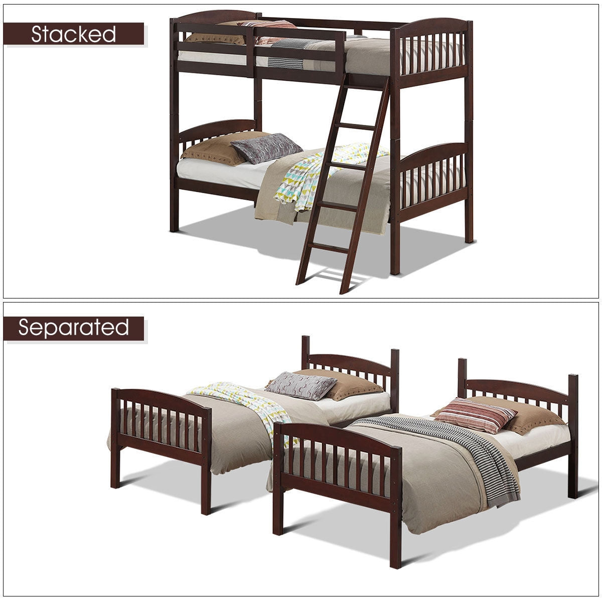 Brown Hardwood Twin Bunk Beds with Inclined Ladder and Safety Guardrails