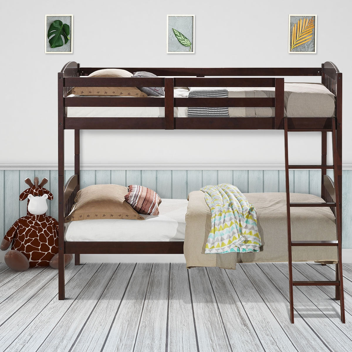 Brown Hardwood Twin Bunk Beds with Inclined Ladder and Safety Guardrails