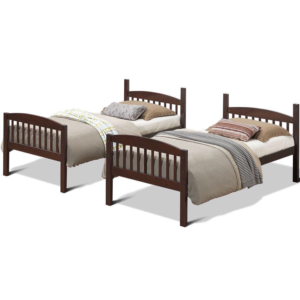 Brown Hardwood Twin Bunk Beds with Inclined Ladder and Safety Guardrails