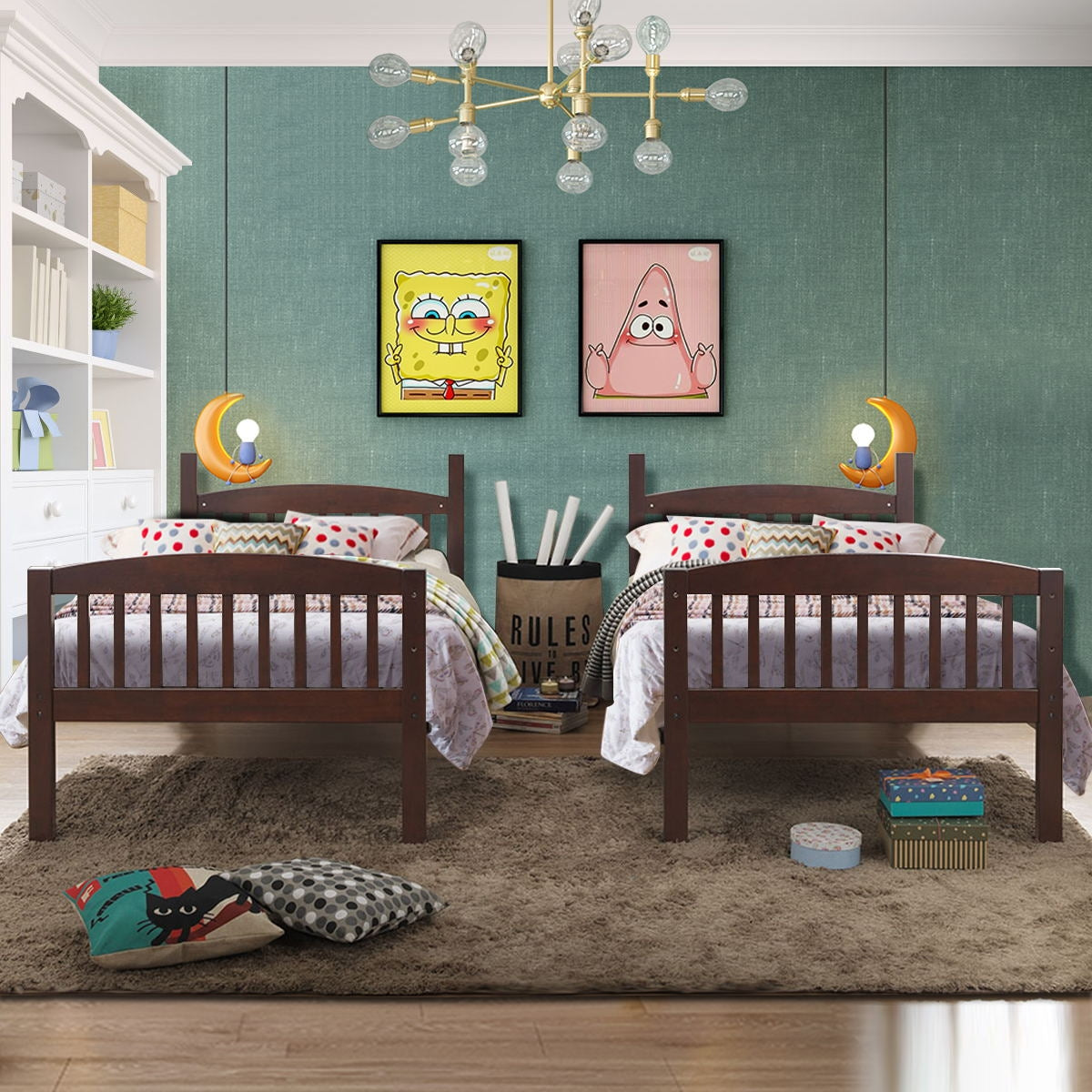 Brown Hardwood Twin Bunk Beds with Inclined Ladder and Safety Guardrails
