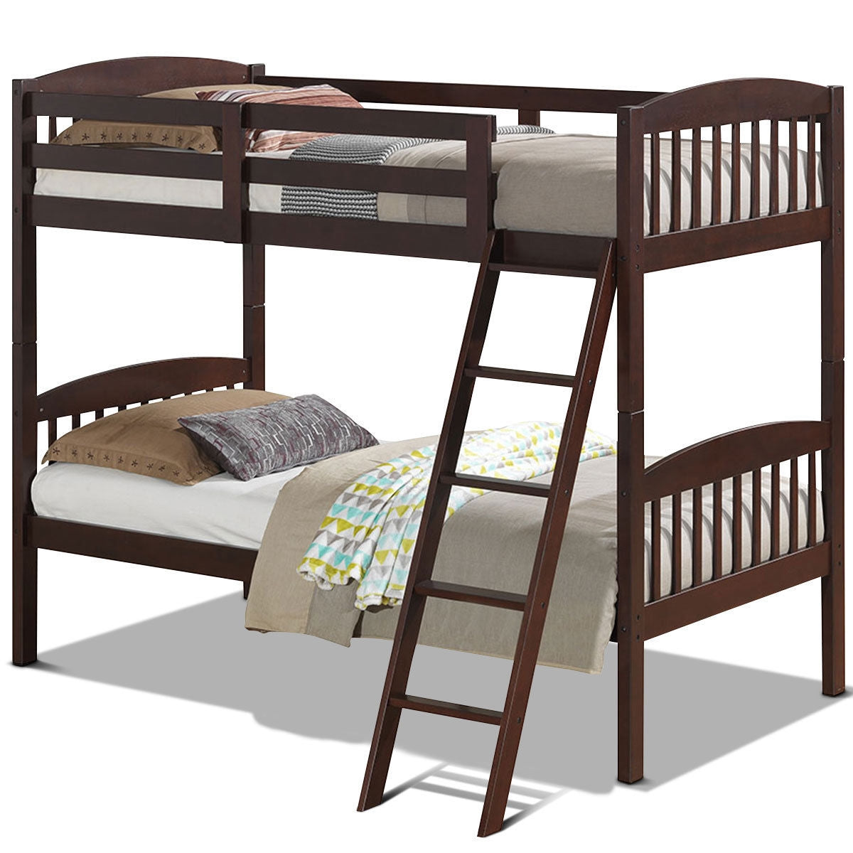 Brown Hardwood Twin Bunk Beds with Inclined Ladder and Safety Guardrails