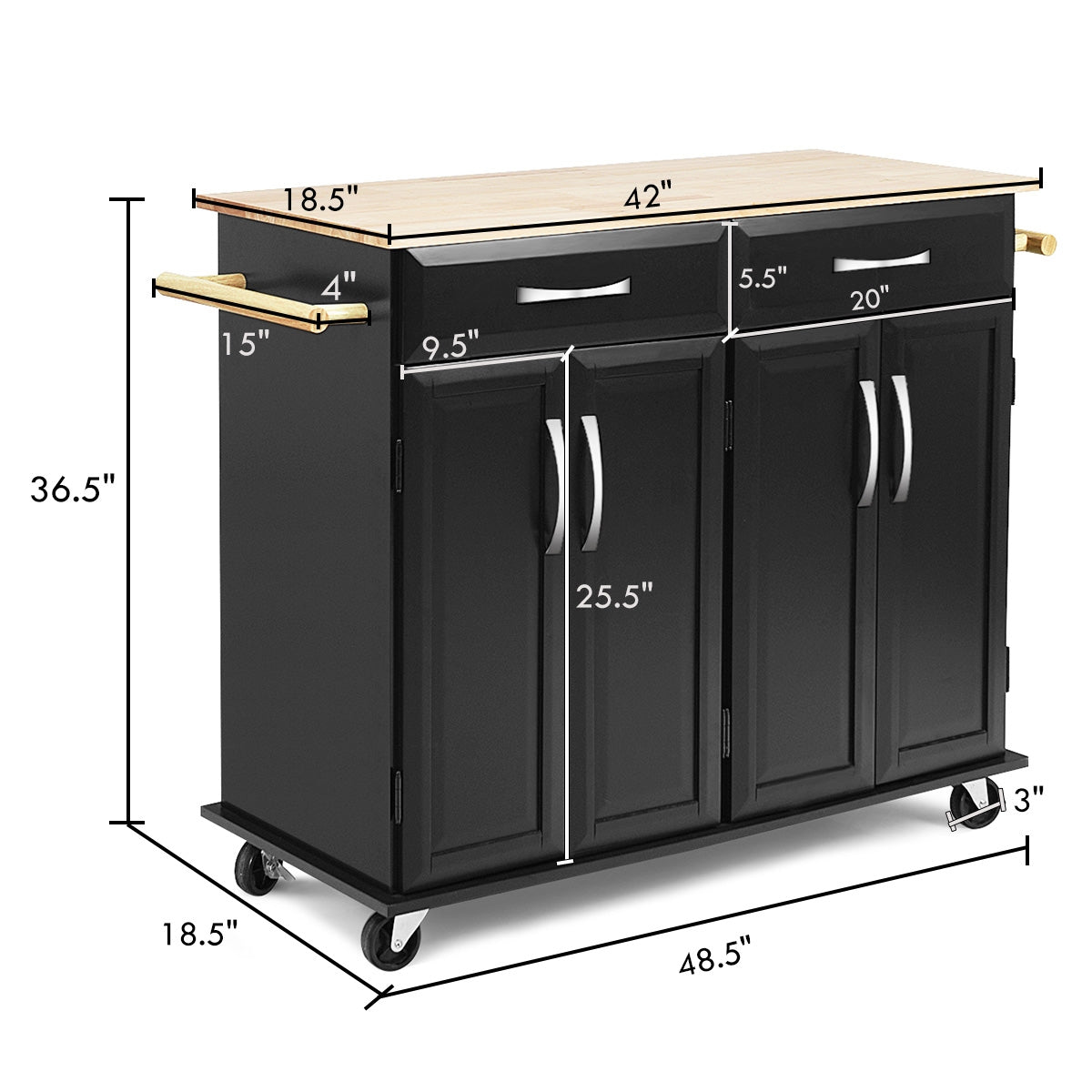 SUGIFT Rolling Kitchen Island Cart with Rubber Wood Top and Smooth Lockable Wheels