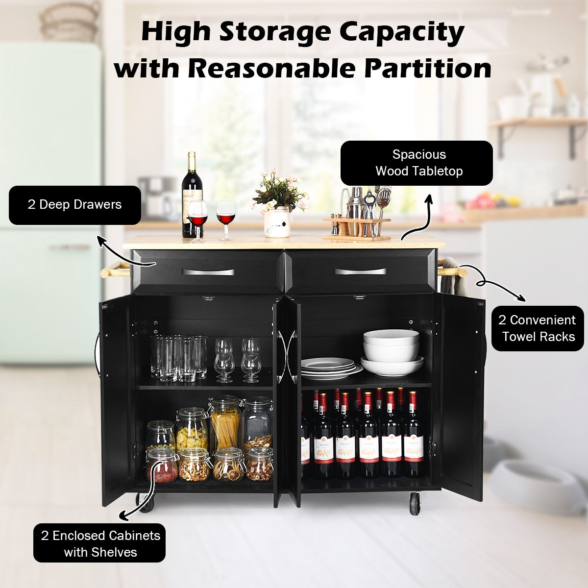 SUGIFT Rolling Kitchen Island Cart with Rubber Wood Top and Smooth Lockable Wheels