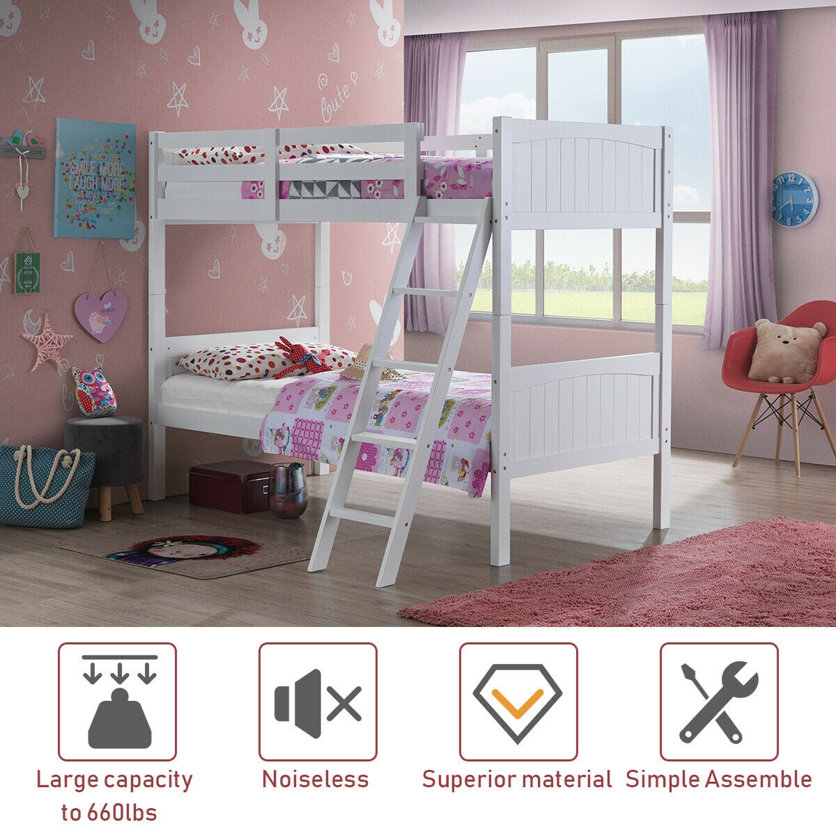 Wooden Twin Over Twin Bunk Beds with Ladder and Safety Rail