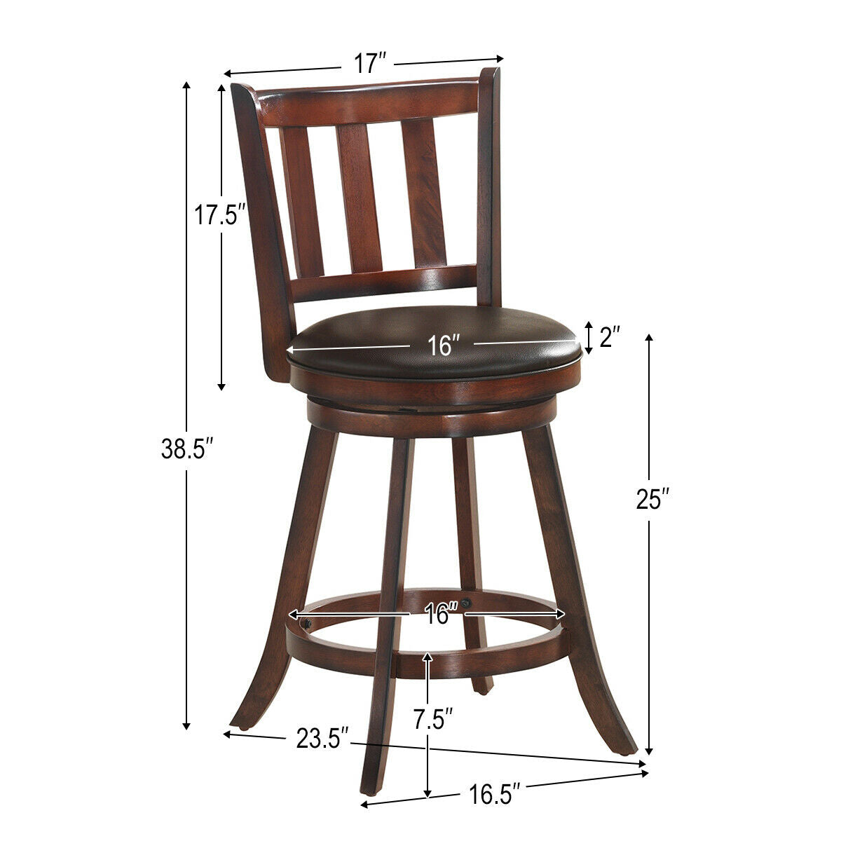 SUGIFT 2 Pieces 360 Degree Swivel Wooden Counter Height Bar Stool Set with Cushioned Seat