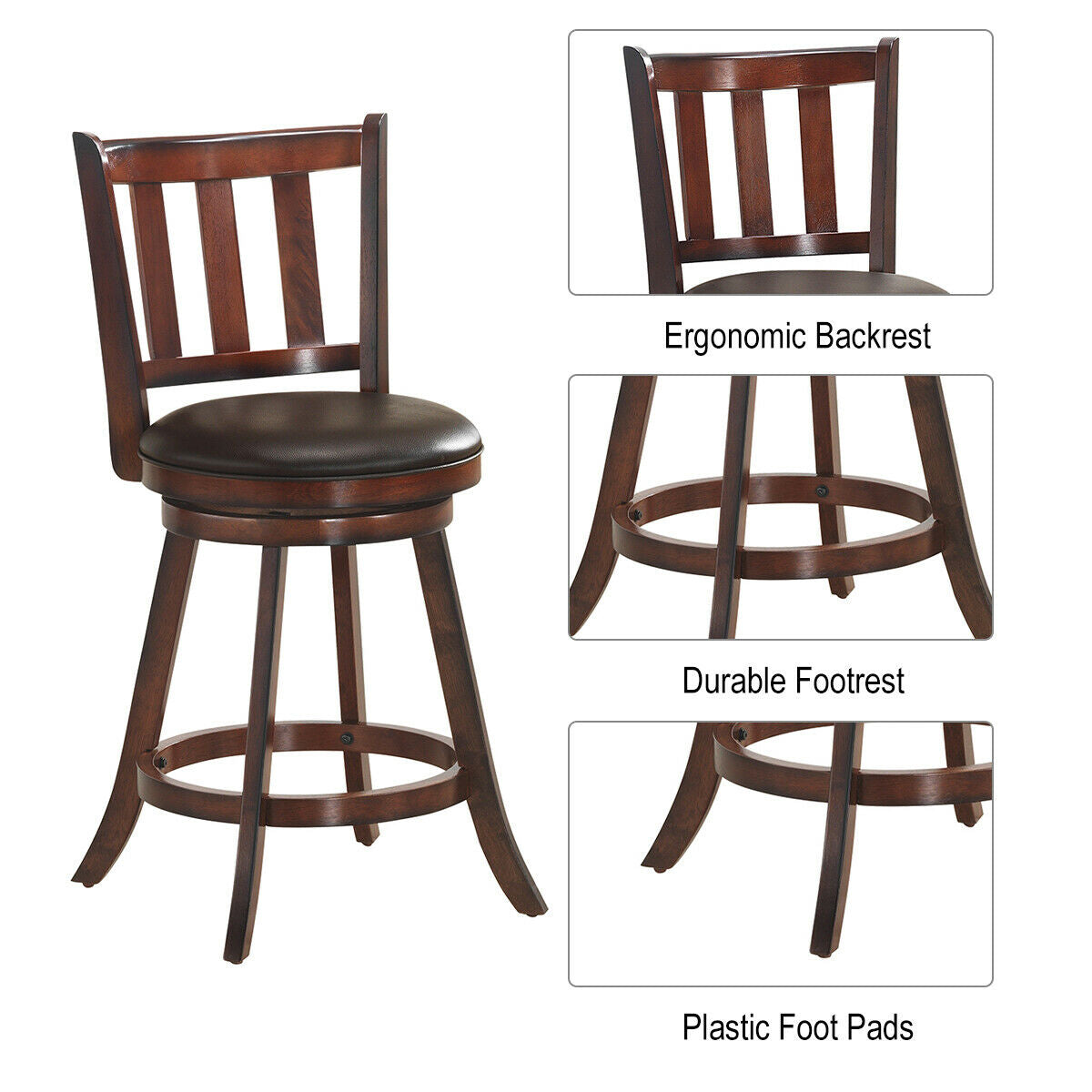 SUGIFT 2 Pieces 360 Degree Swivel Wooden Counter Height Bar Stool Set with Cushioned Seat