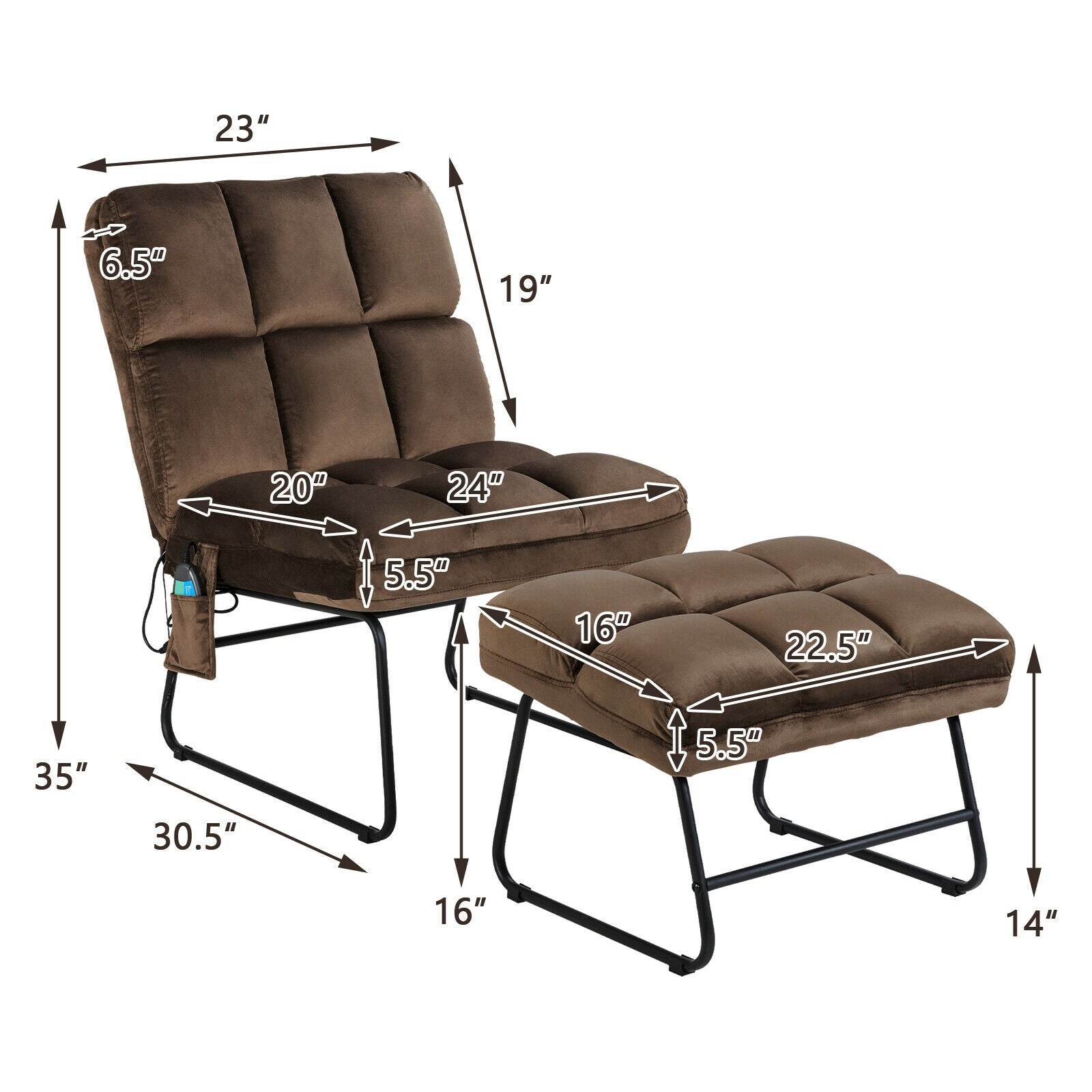 SUGIFT Velvet Massage Recliners with Ottoman Remote Control and Side Pocket