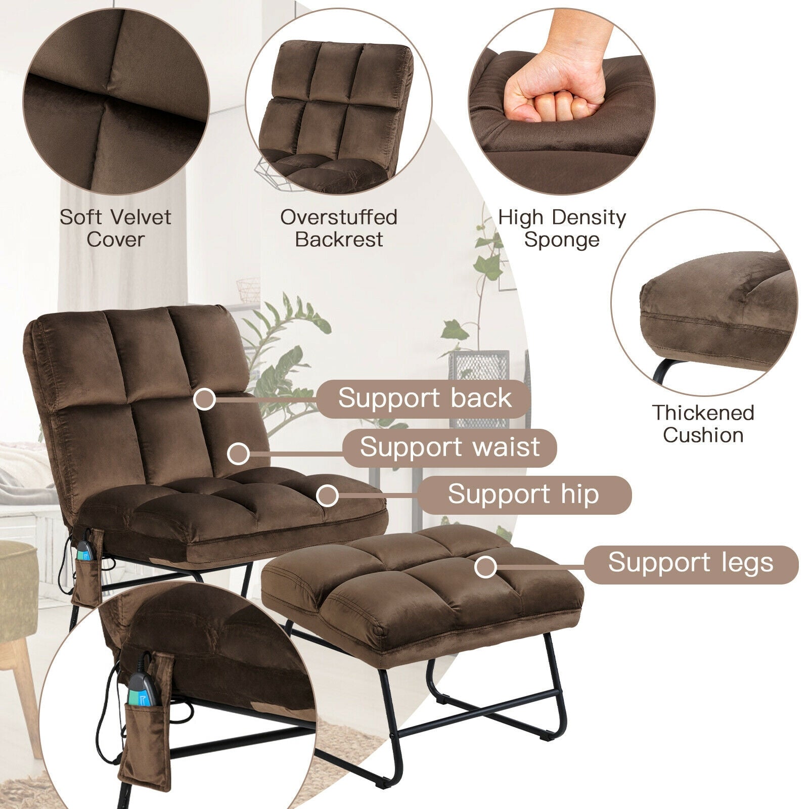 SUGIFT Velvet Massage Recliners with Ottoman Remote Control and Side Pocket