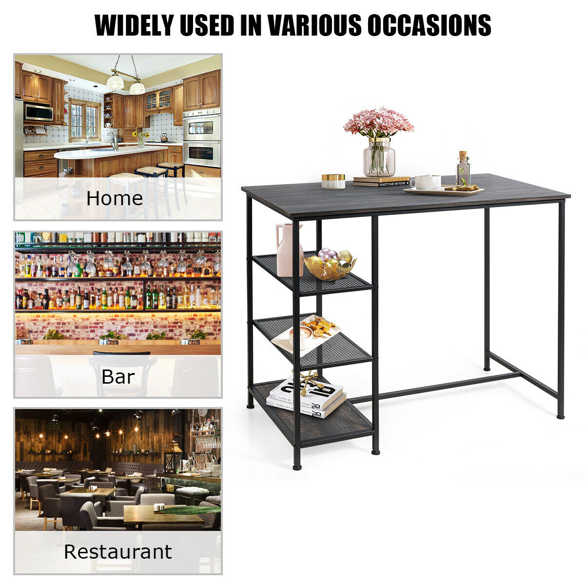 SUGIFT Industrial Dining Bar Pub Table with Metal Frame and Storage Shelves