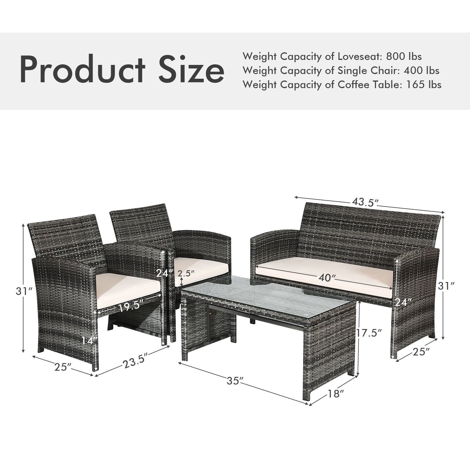 SUGIFT 4 Pieces Patio Rattan Furniture Set with Glass Table and Loveseat