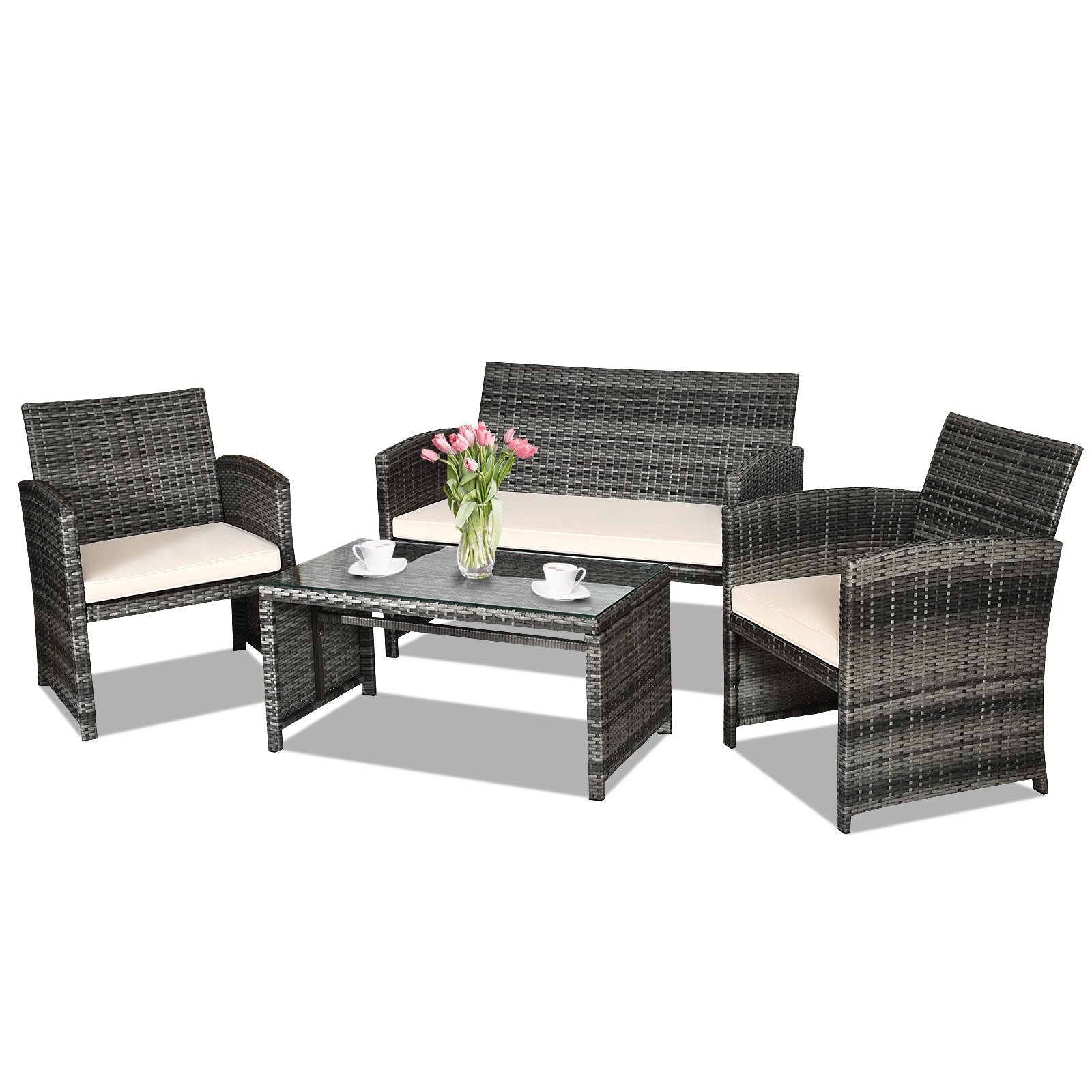 SUGIFT 4 Pieces Patio Rattan Furniture Set with Glass Table and Loveseat
