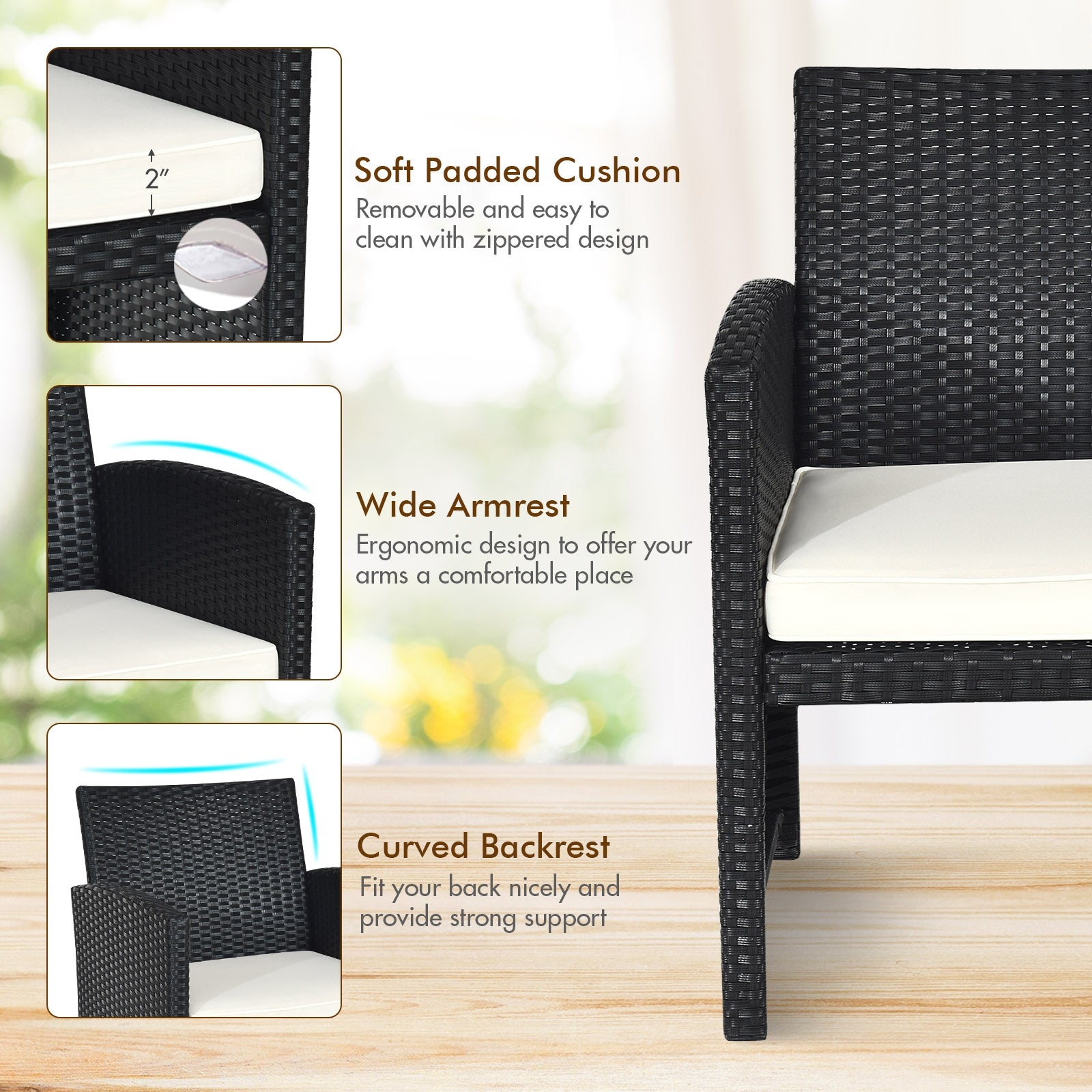 SUGIFT 4 Pieces Rattan Patio Furniture Set with Weather Resistant Cushions and Tempered Glass Tabletop