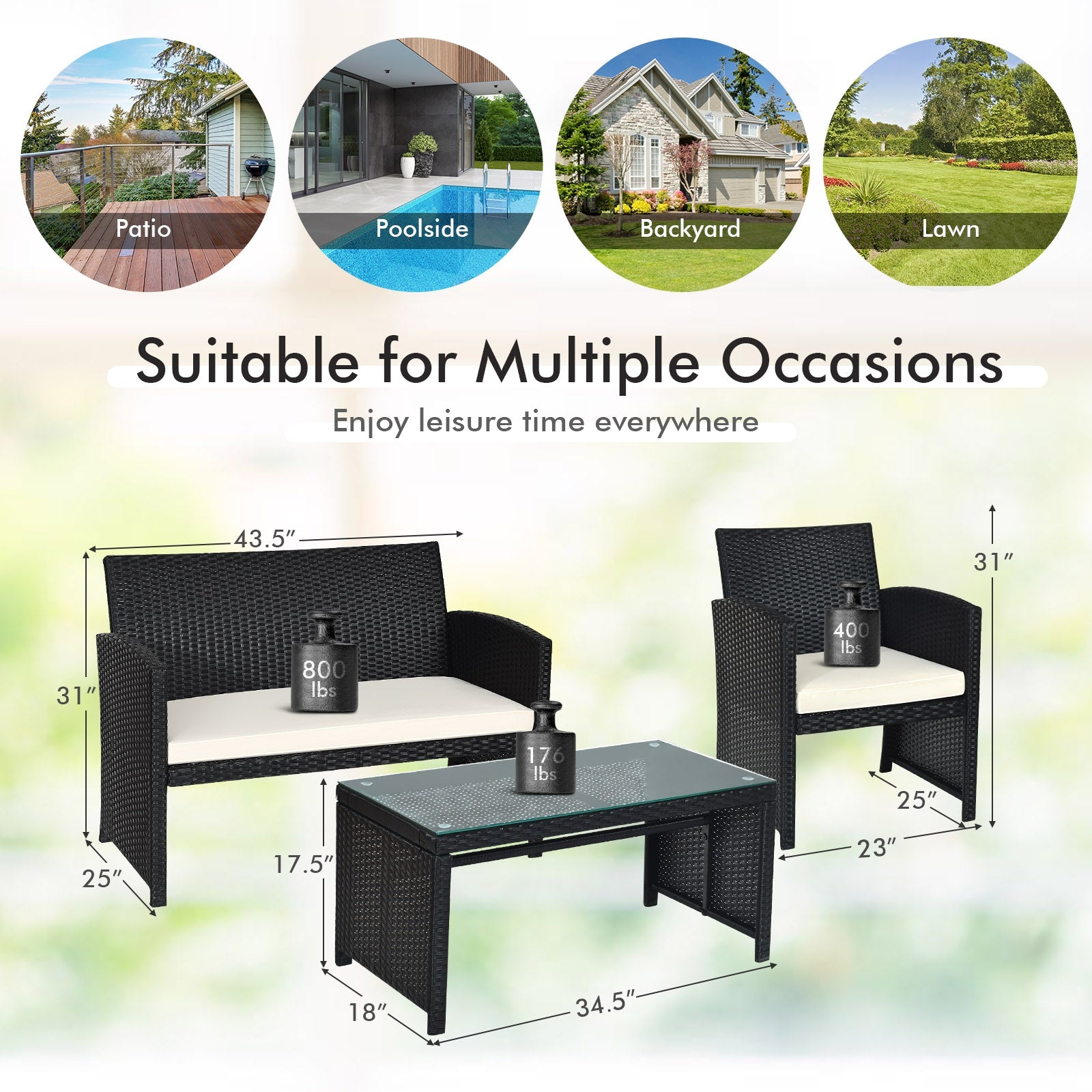 SUGIFT 4 Pieces Rattan Patio Furniture Set with Weather Resistant Cushions and Tempered Glass Tabletop