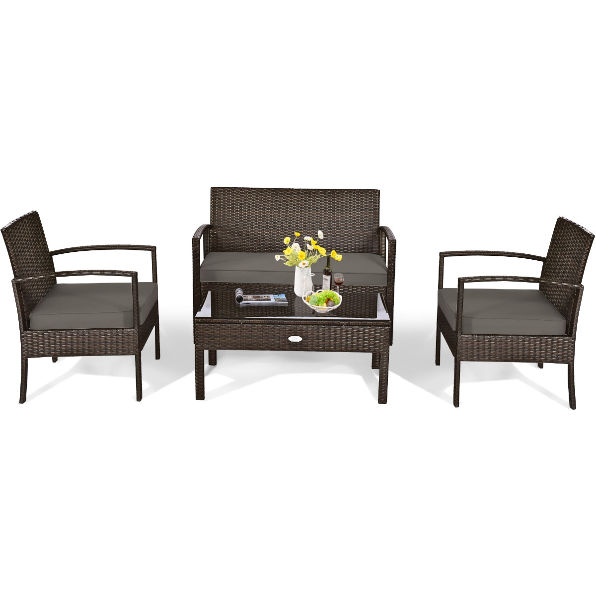 SUGIFT 4 Pieces Patio Rattan Cushioned Furniture Set with Loveseat and Table