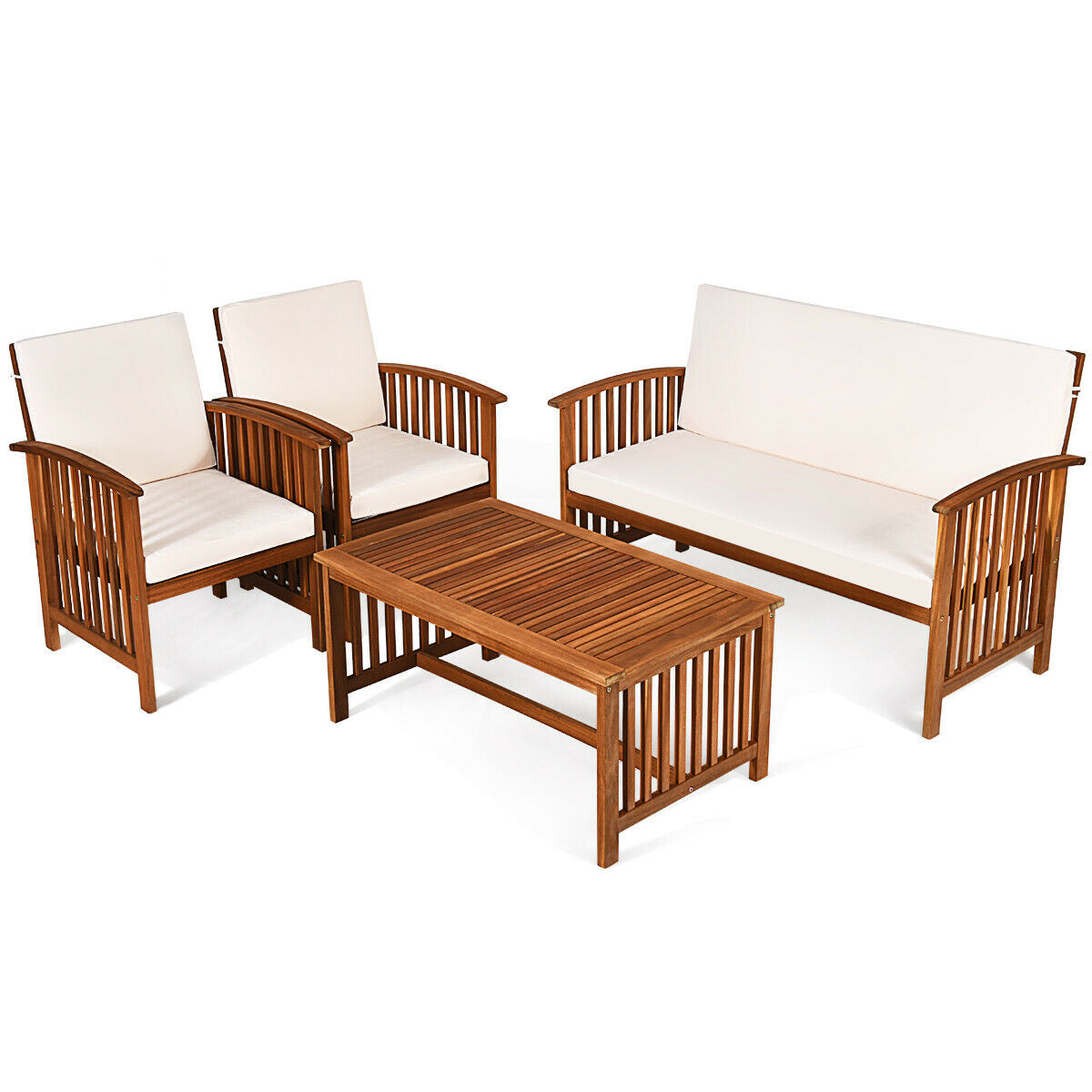 SUGIFT 4 Pieces Patio Solid Wood Furniture Set with Water Resistant Cushions