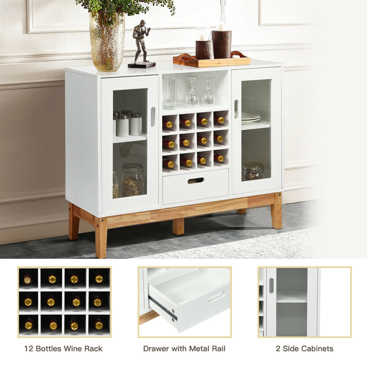 SUGIFT Wood Wine Storage Cabinet Sideboard Console Buffet Server
