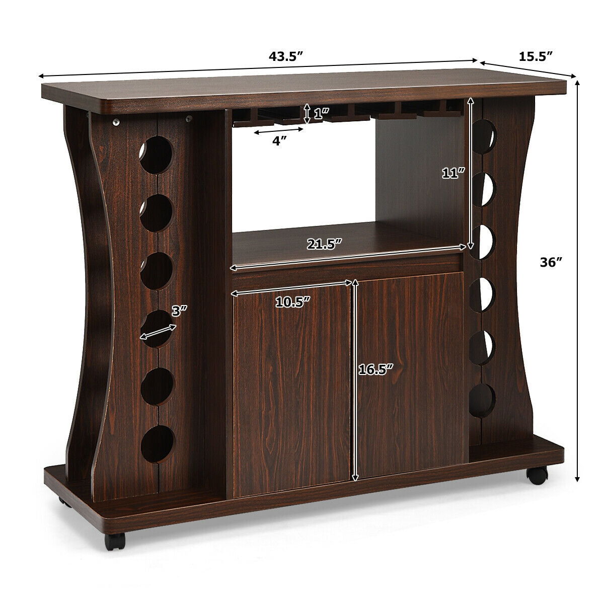 SUGIFT Rolling Wine Storage Buffet Sideboard Wooden Bar Storage Cabinet