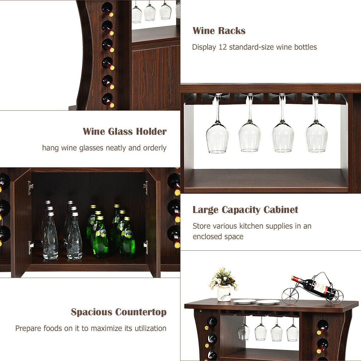SUGIFT Rolling Wine Storage Buffet Sideboard Wooden Bar Storage Cabinet