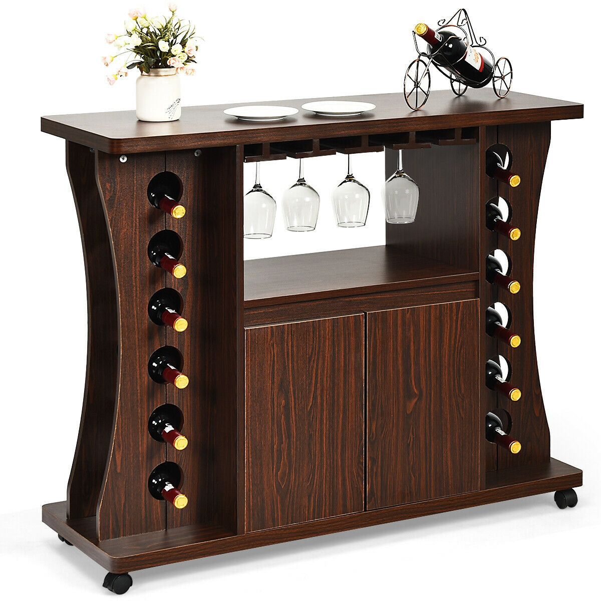 SUGIFT Rolling Wine Storage Buffet Sideboard Wooden Bar Storage Cabinet