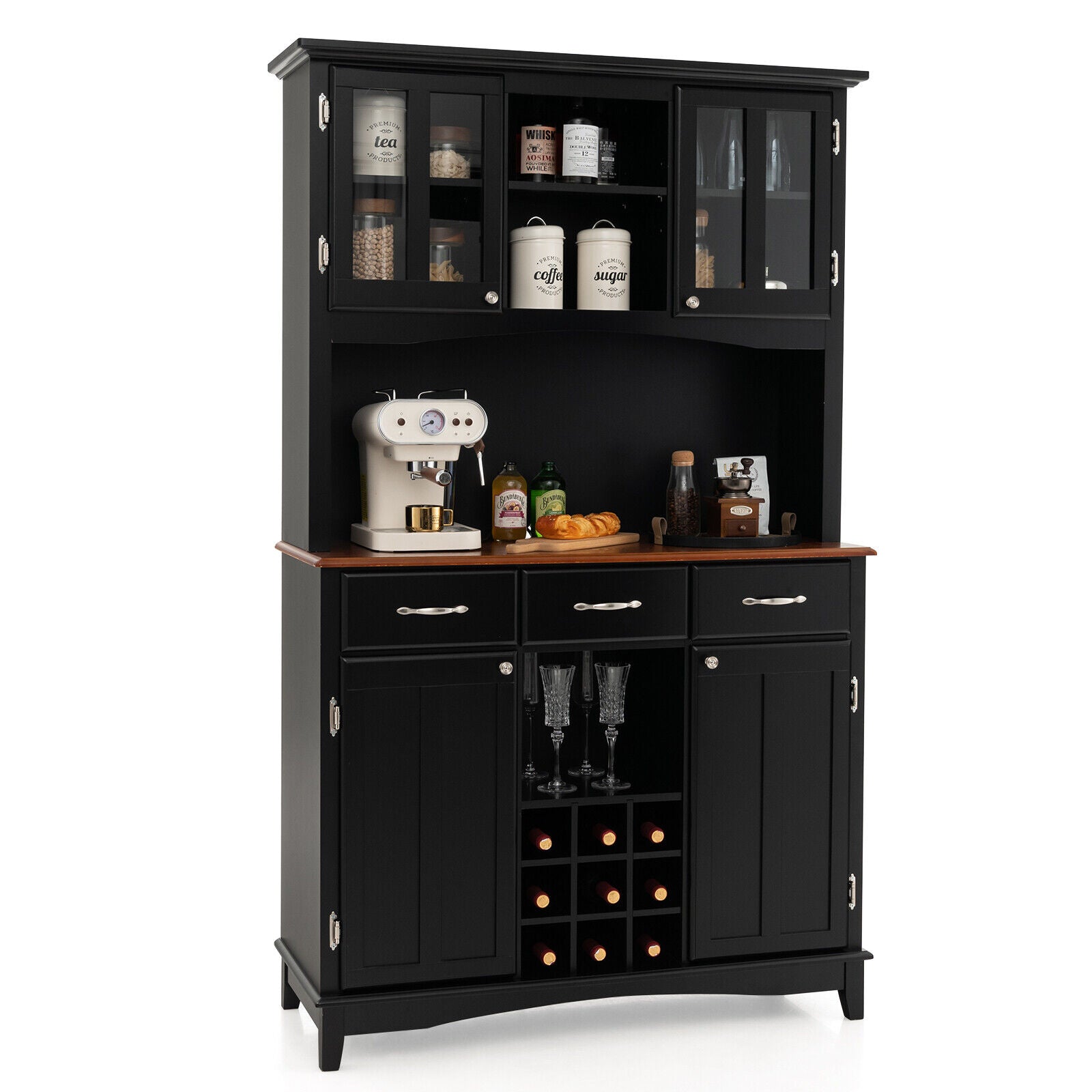SUGIFT Kitchen Storage Cabinet Cupboard with Wine Rack and Drawers