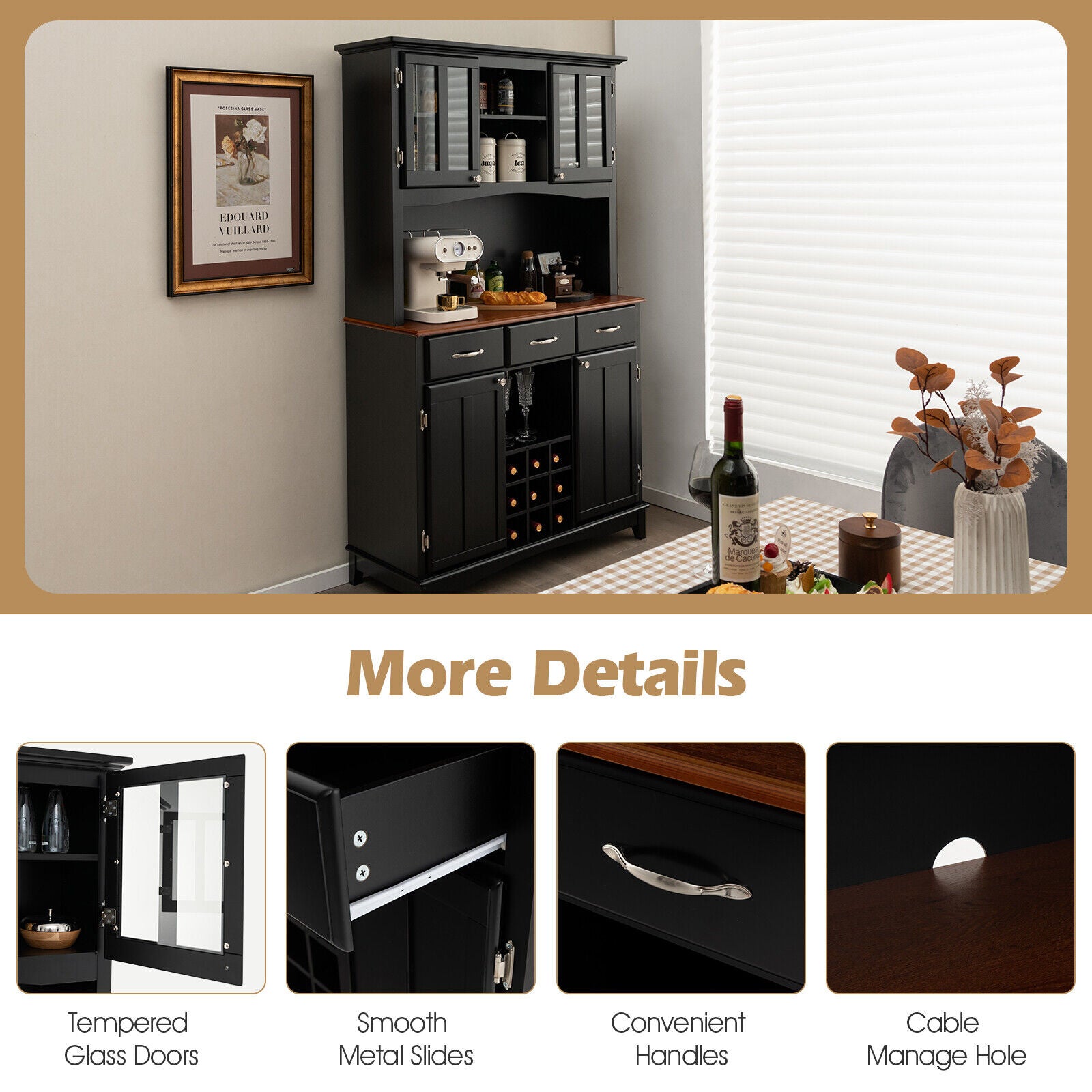 SUGIFT Kitchen Storage Cabinet Cupboard with Wine Rack and Drawers