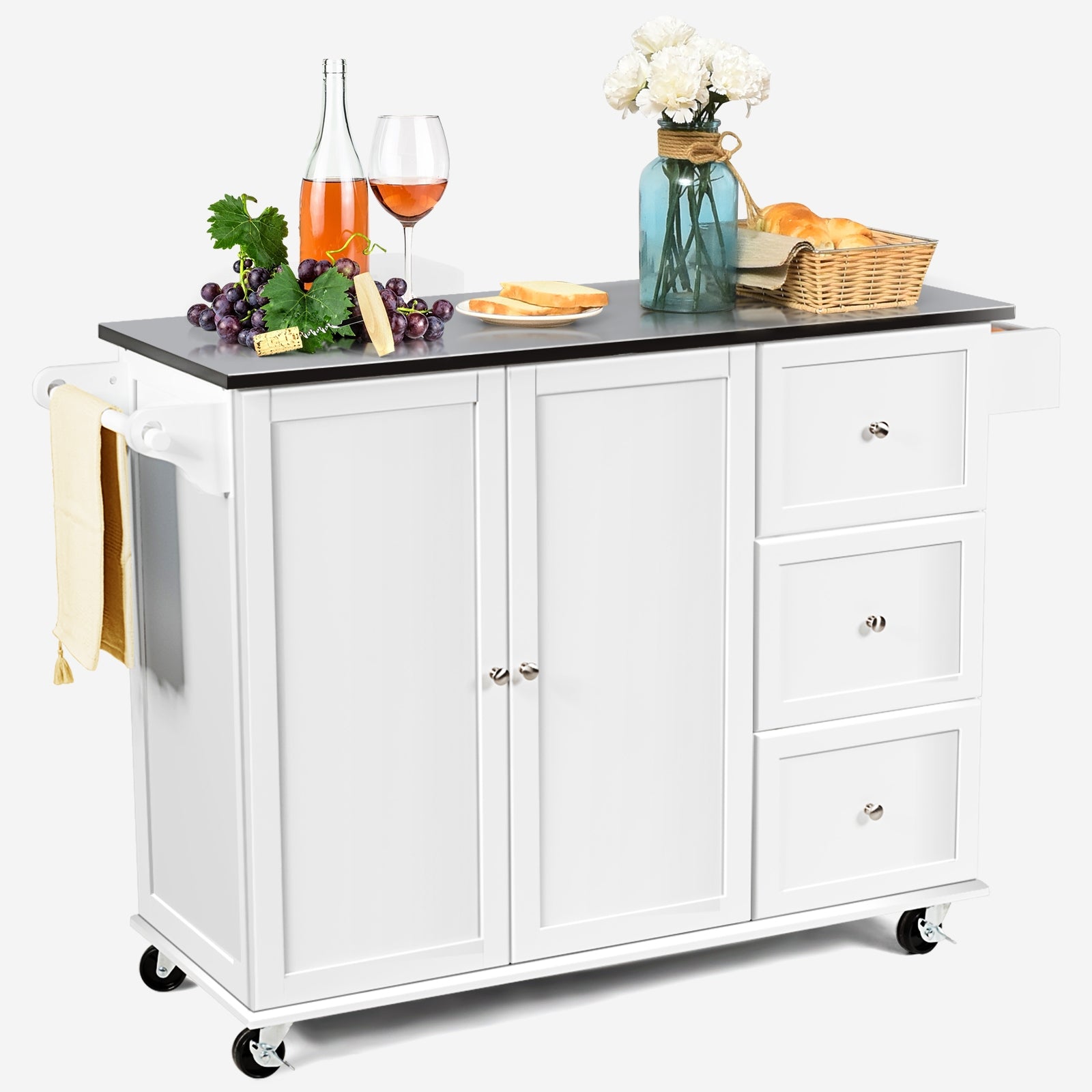 SUGIFT Kitchen Island 2-Door Storage Cabinet with Drawers and Stainless Steel Top