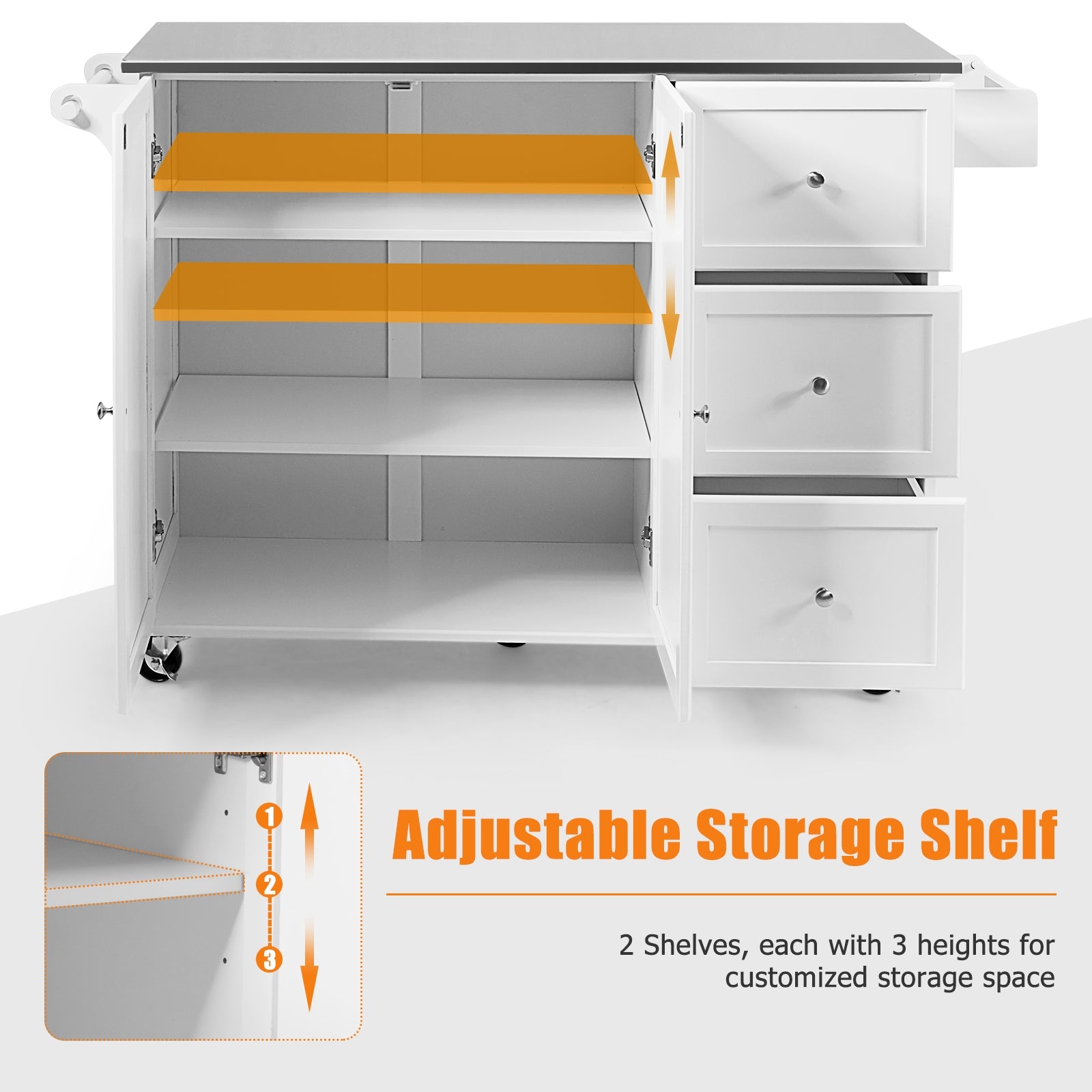 SUGIFT Kitchen Island 2-Door Storage Cabinet with Drawers and Stainless Steel Top