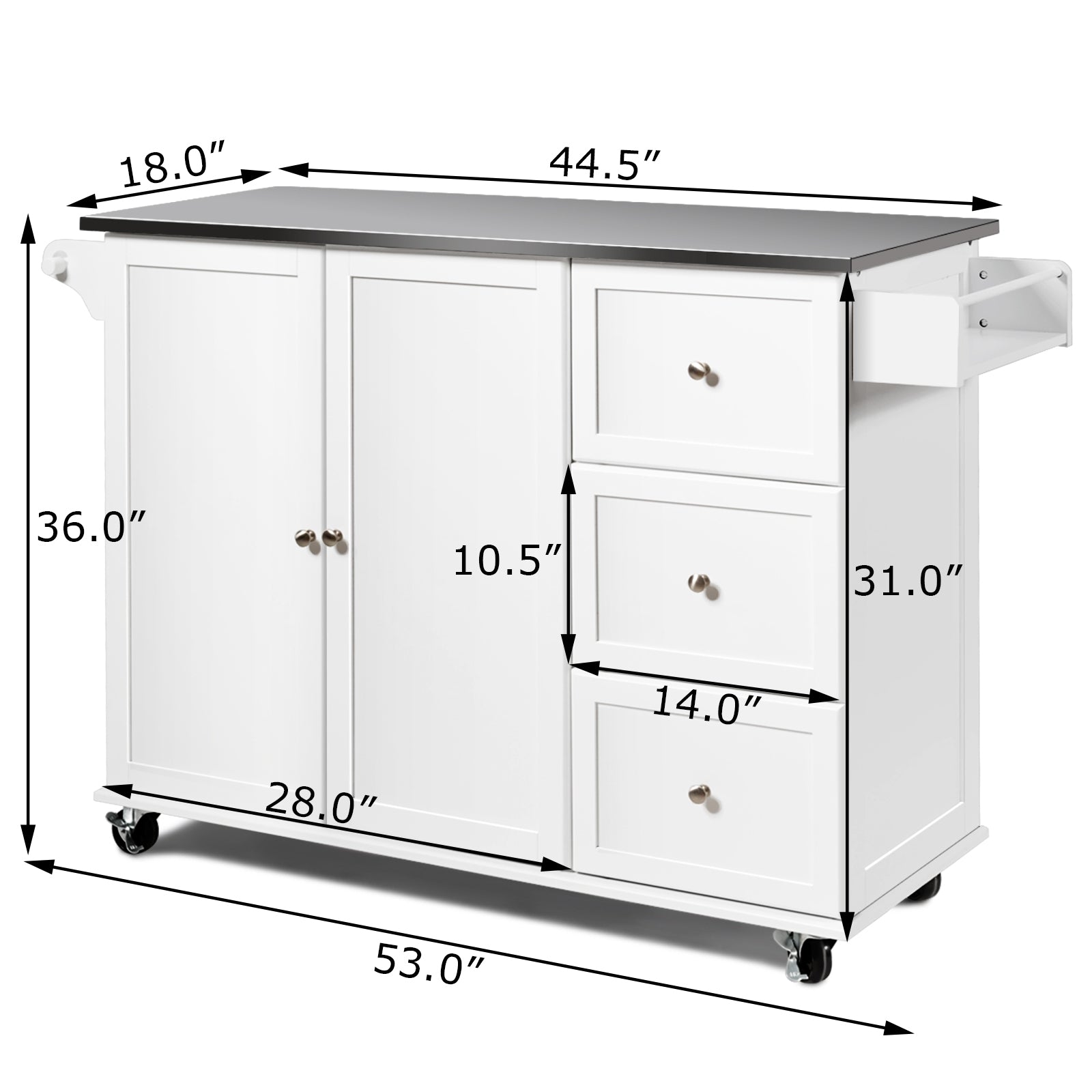 SUGIFT Kitchen Island 2-Door Storage Cabinet with Drawers and Stainless Steel Top