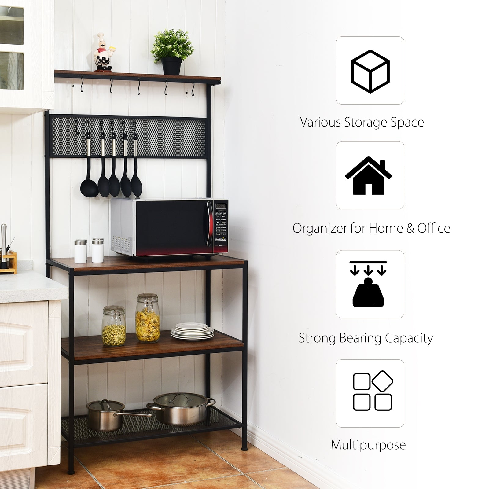 4-Tier Bakers Rack Kitchen Rack Stand with Hooks and Mesh Panel
